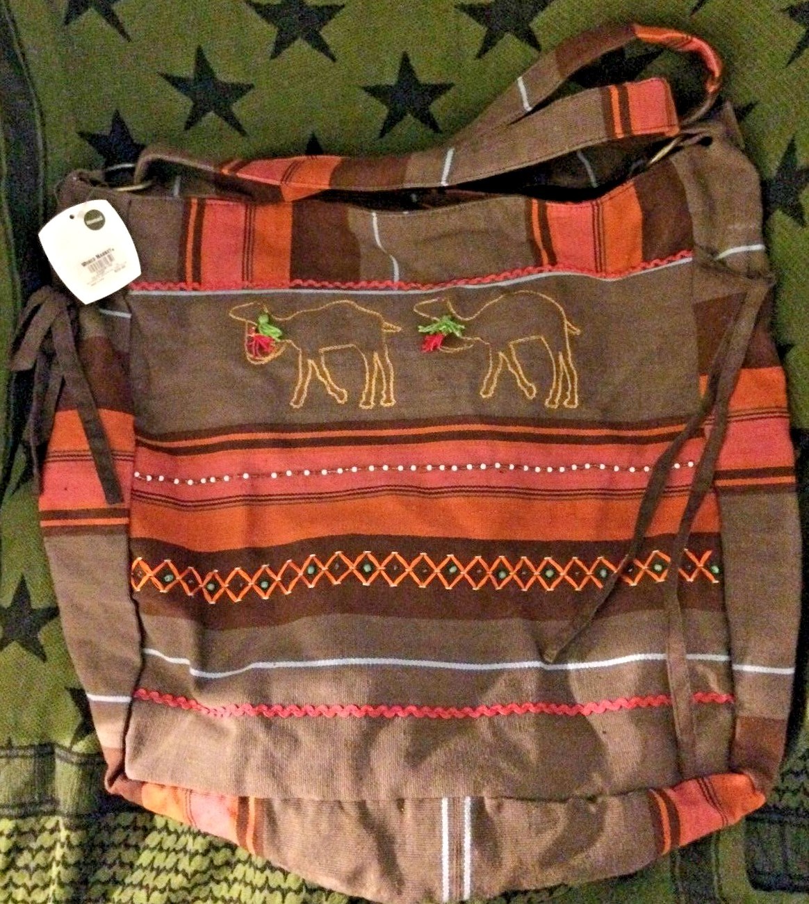 WORLD MARKET PURSE/ TWO CAMEL DESIGN BEADING BROWN ORANGE