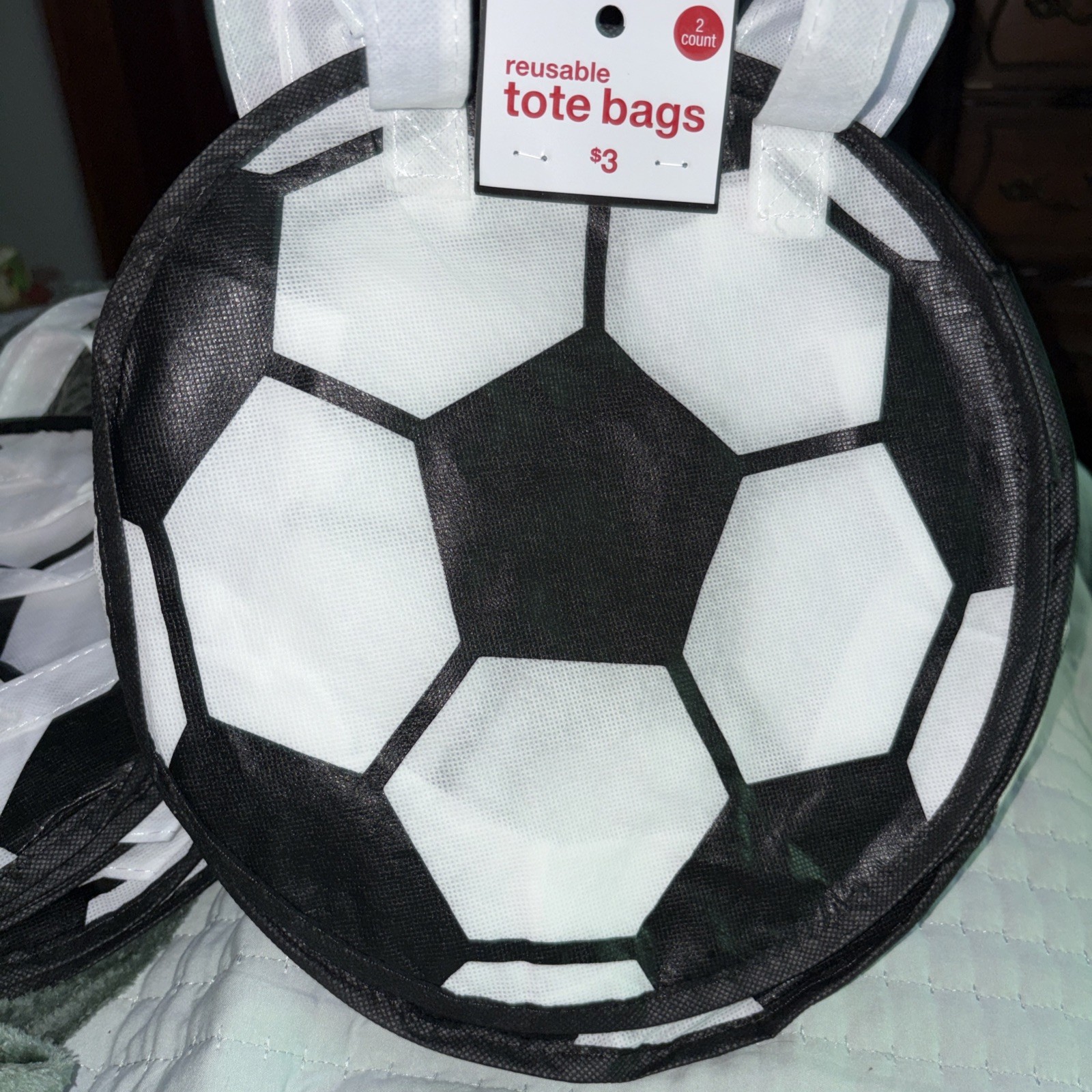 2 Count Reusable Plastic Tote Bags. Soccer Ball Shaped. Double Carrying Handles