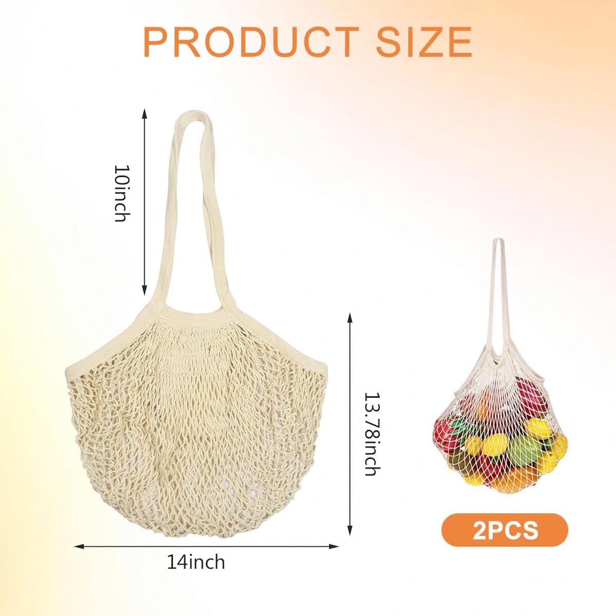 2 PCS Reusable Cotton Mesh Grocery Bags Long Handle Net Shopping Tote White