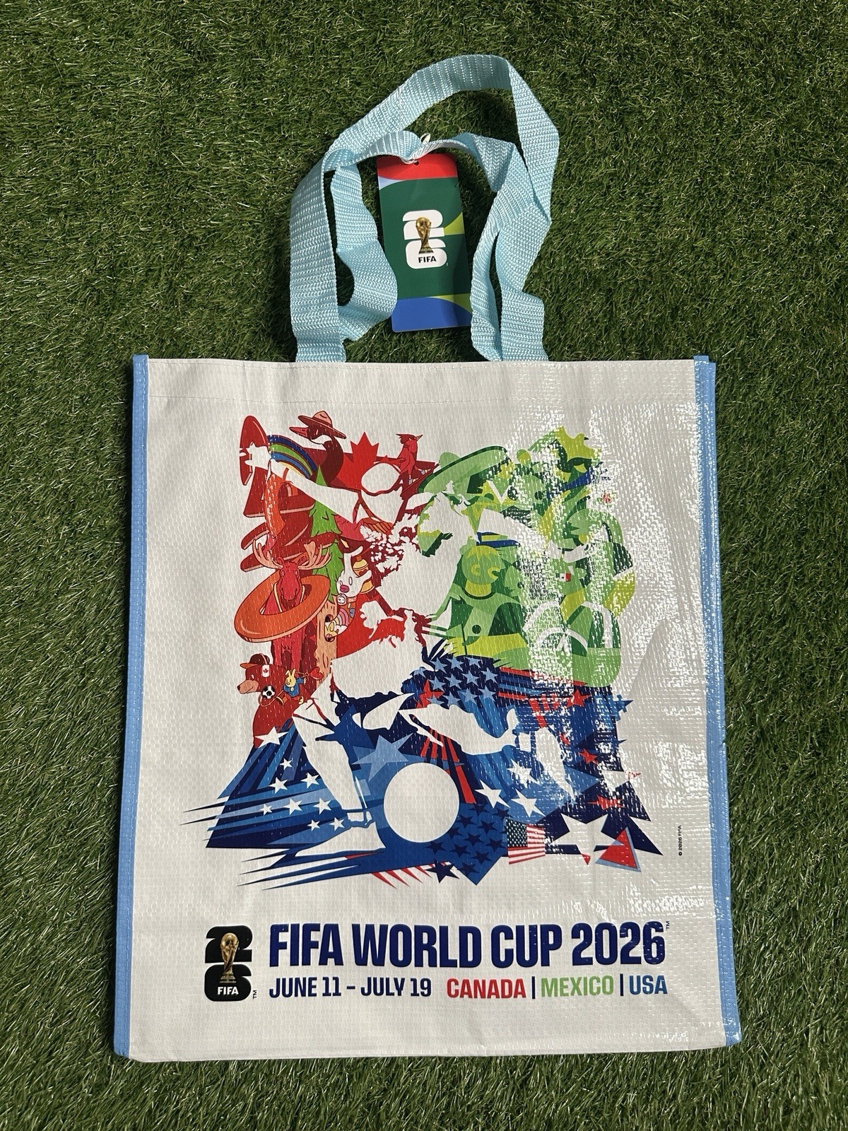 FIFA World Cup 2026 Reusable Large Tote Bag White Blue Multicolor Graphic