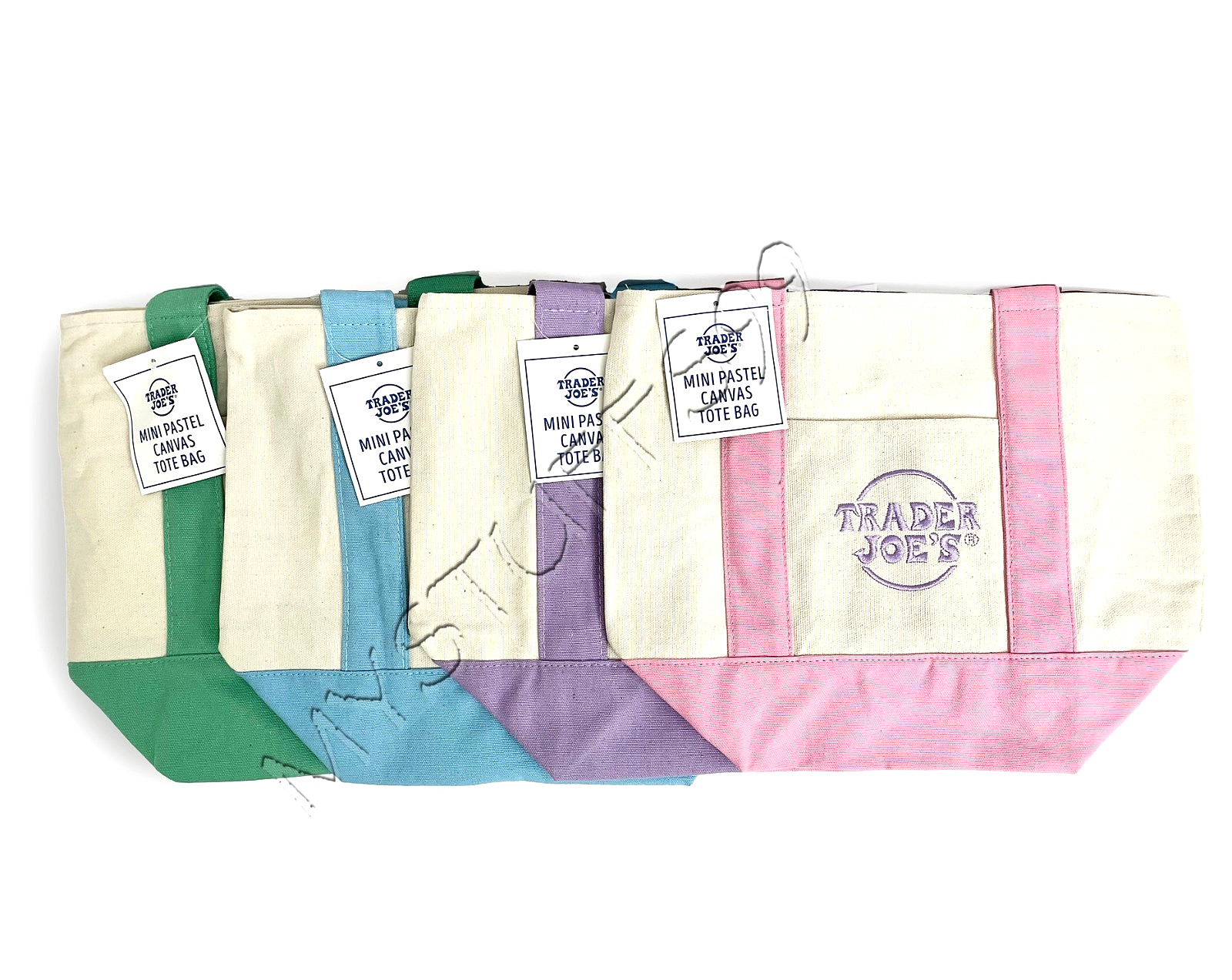 TRADER JOE’S MINI PASTEL CANVAS TOTE BAGS EASTER/SPRING LIMITED EDITION SET OF 4