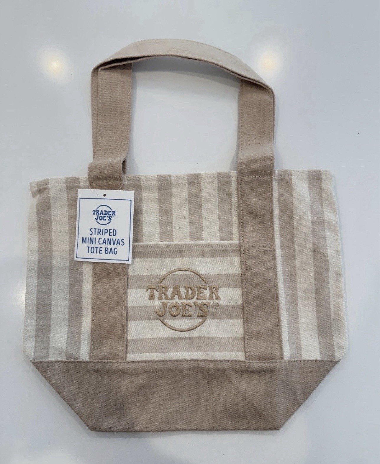 Trader Joe’s Striped Mini Canvas Tote Bag Desert Sand Beige 2026 Limited Edition