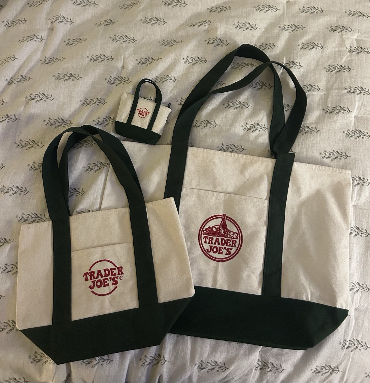 Trader Joe’s Canvas Tote Green set of 3 mini, small, and large sizes