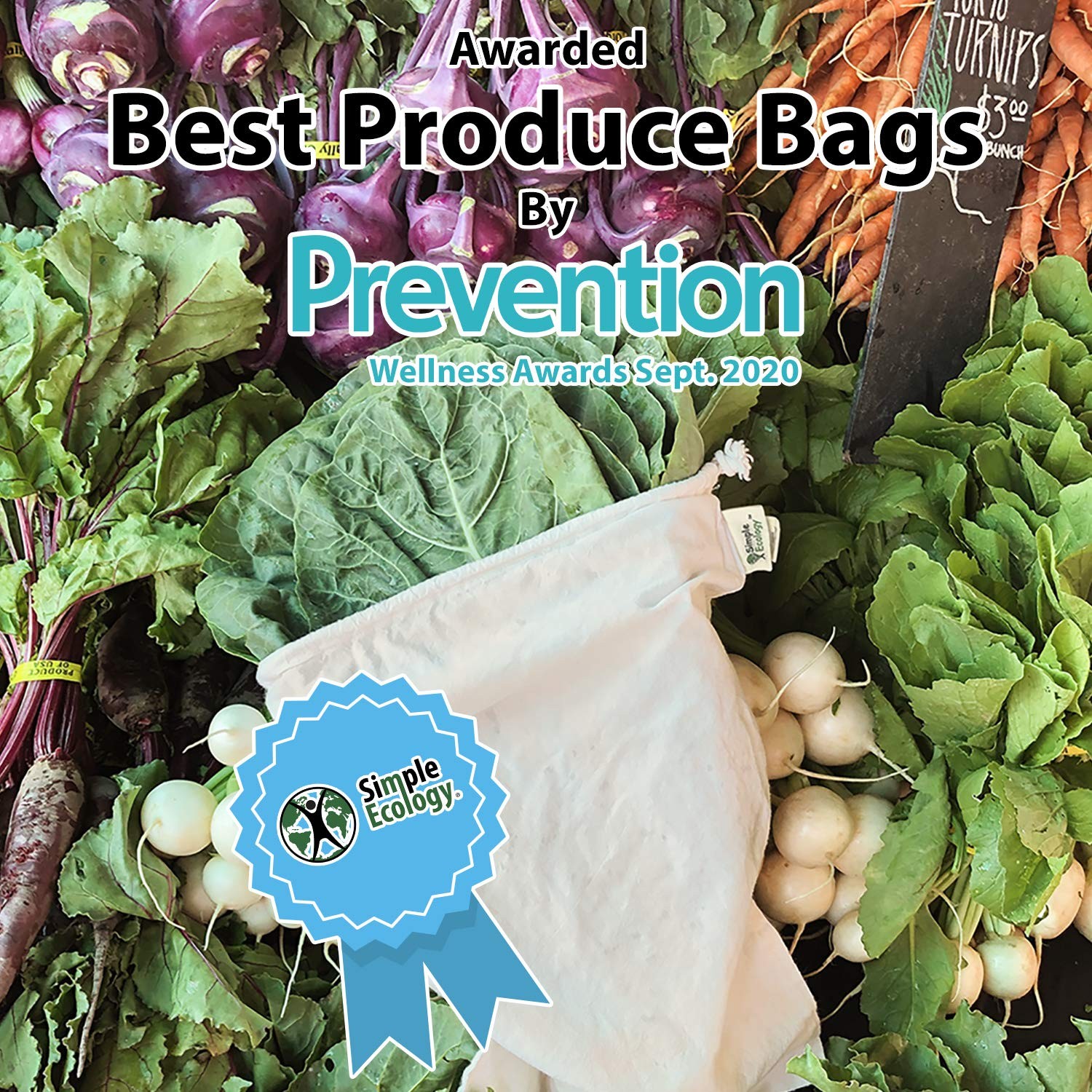 Simple Ecology Reusable Grocery Set of 6 (2 ea. L,M,S), Natural Cotton