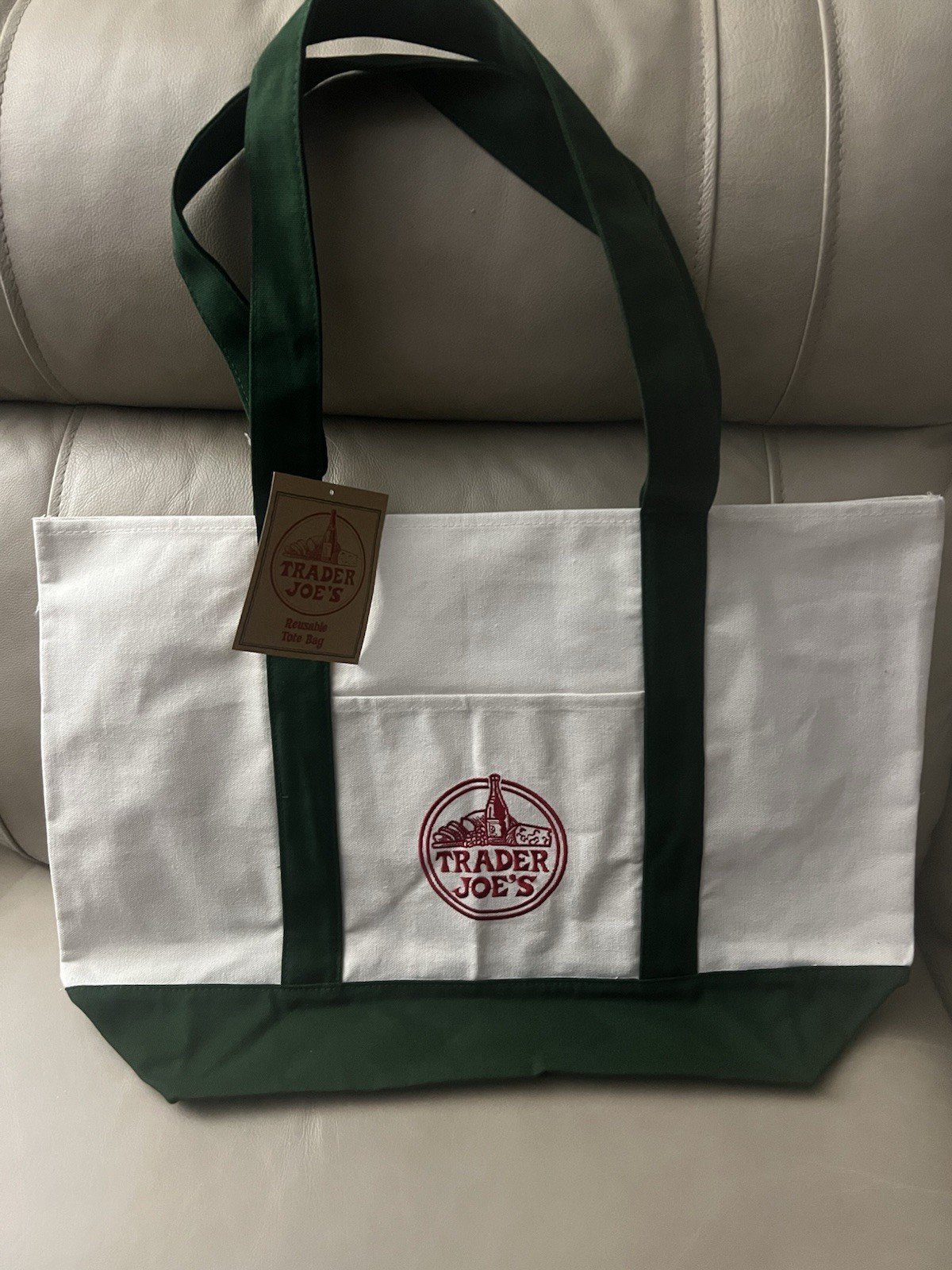 Trader Joe’s Foldable Canvas Reusable Tote Bag Solid Beige Green Single Pack