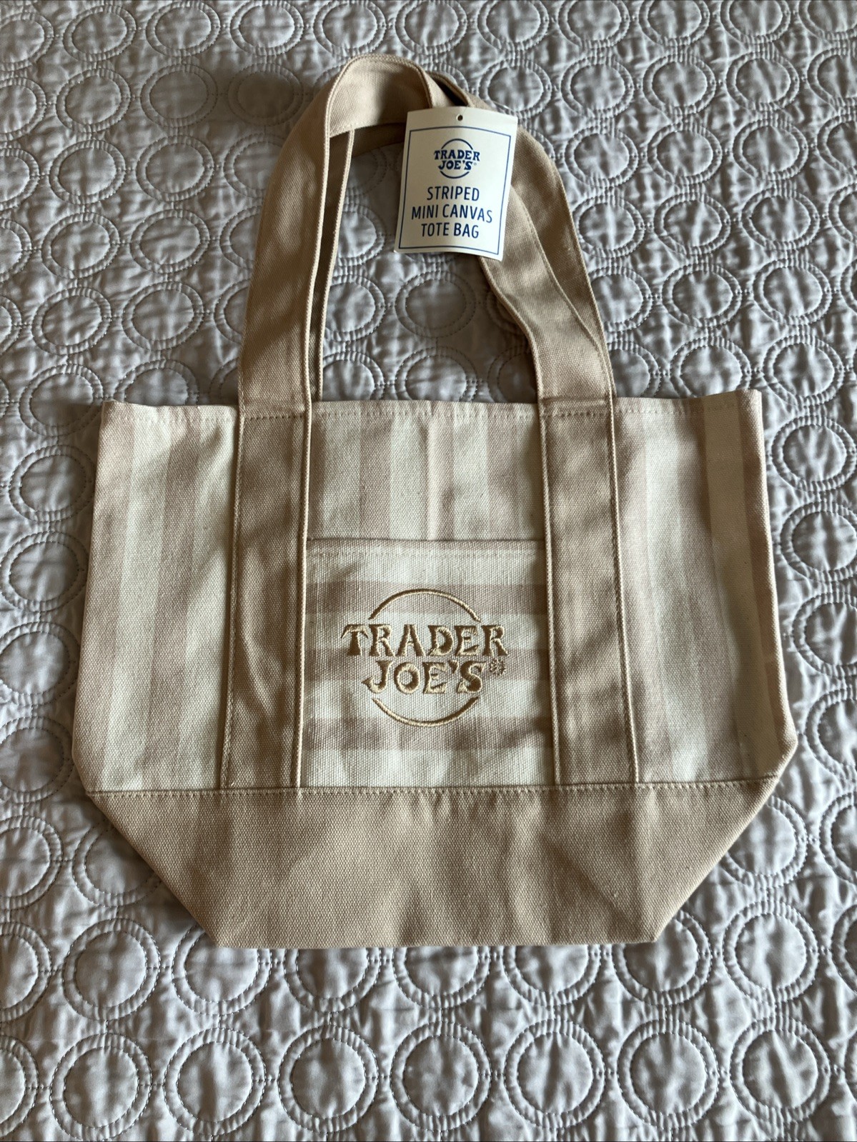TRADER JOE’ Mini Pastel Stripe Canvas Tote Bag Limited Edition Beige SHIPS TODAY