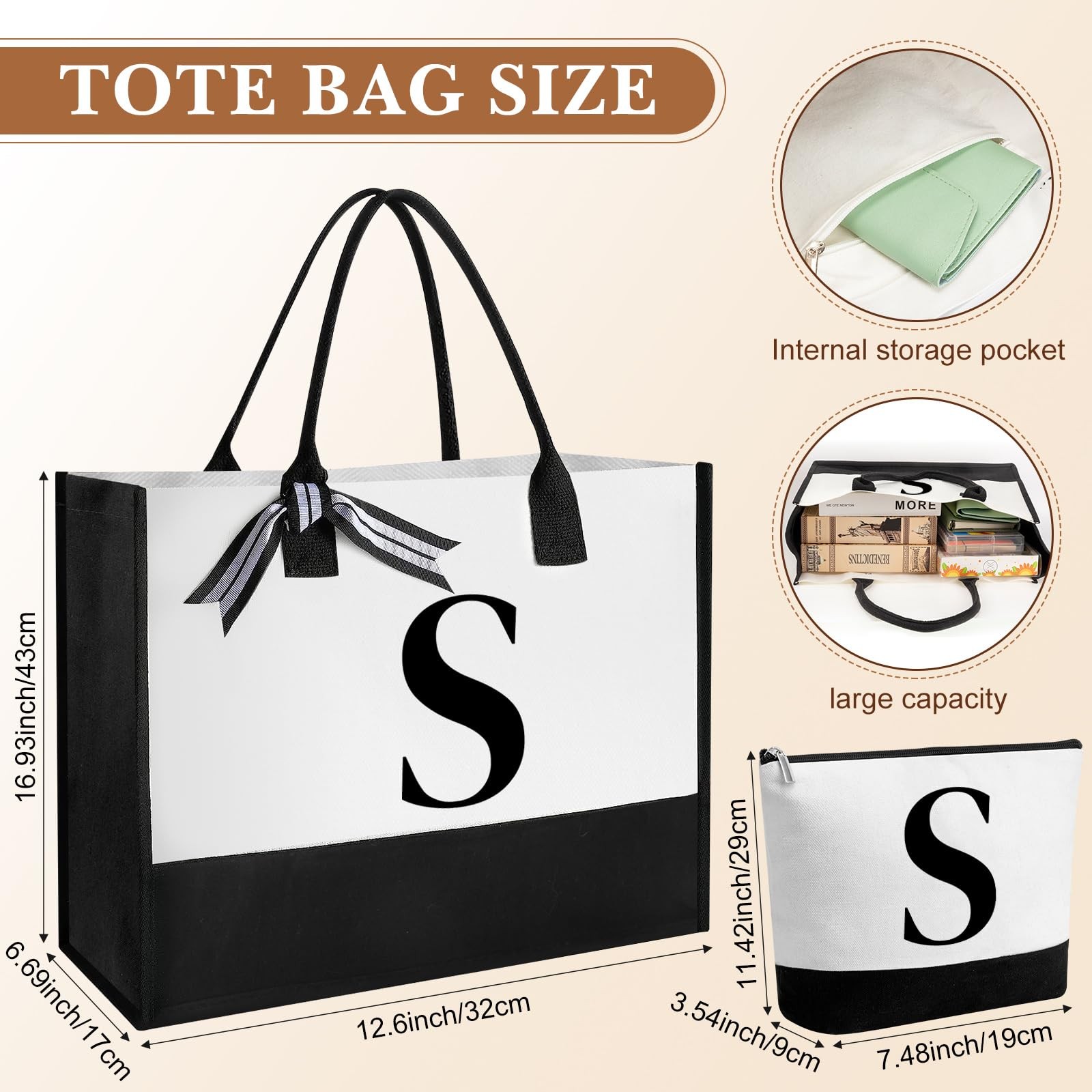 Aliceset Initial Gifts for Women Monogram Canvas Tote Large, As Picture Shown