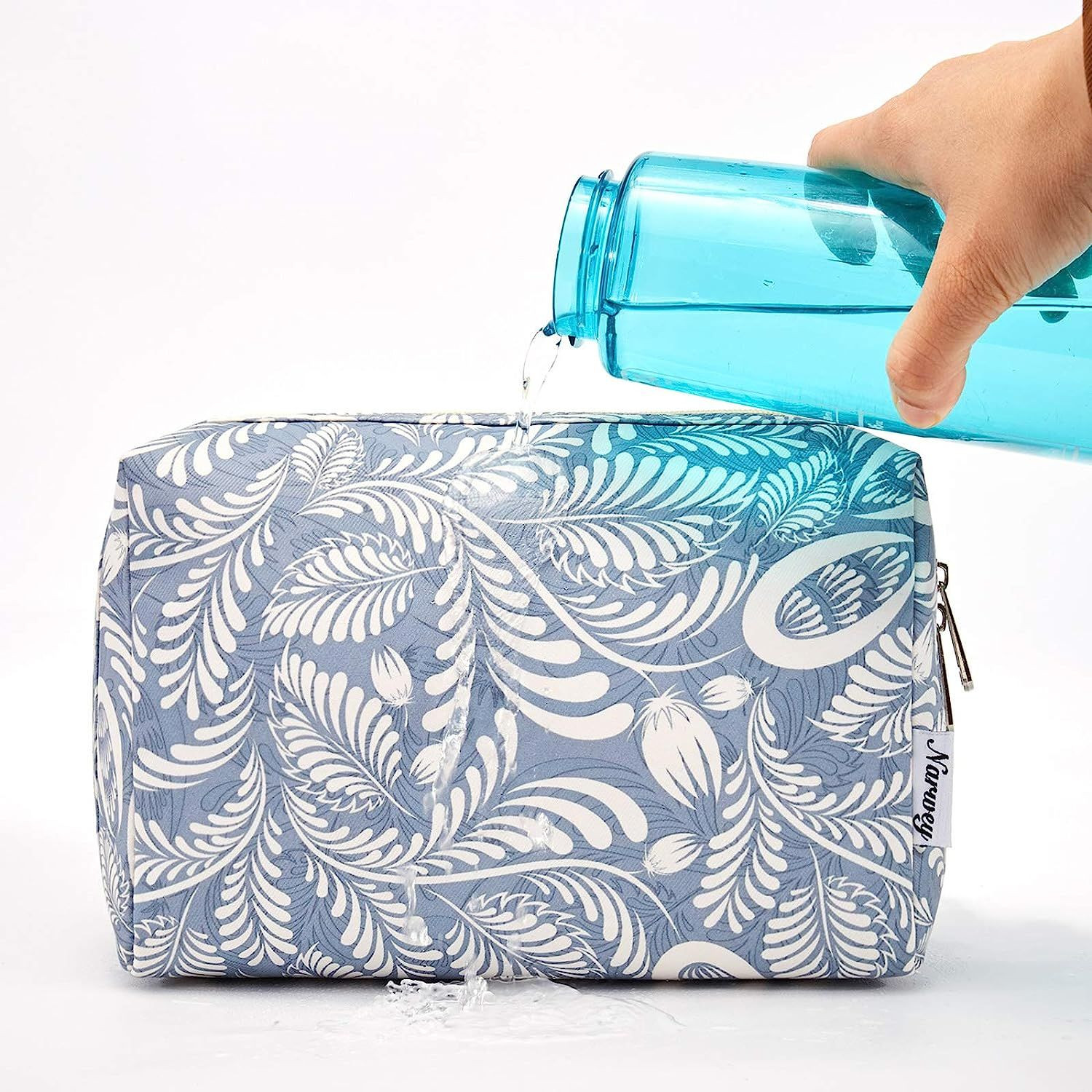 Large Makeup Bag Zipper Pouch Travel Cosmetic Organizer for Large, Blue Leaf