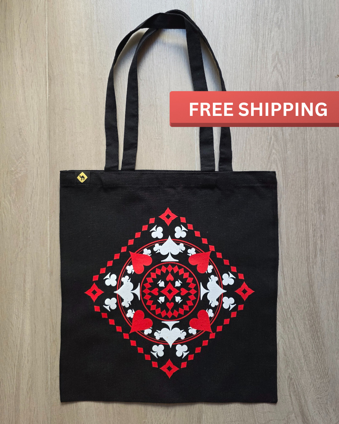 Black Cotton Durable Large Tote Bag with Red and White Playing Cards Print