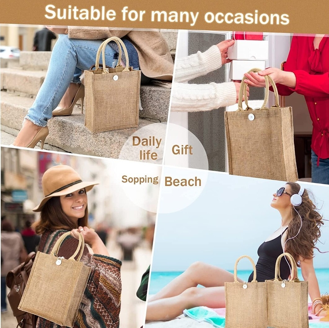 Burlap Tote Bags with Handles Button Beach Grocery Bags 11×9.4×3.9″ 2 Pack