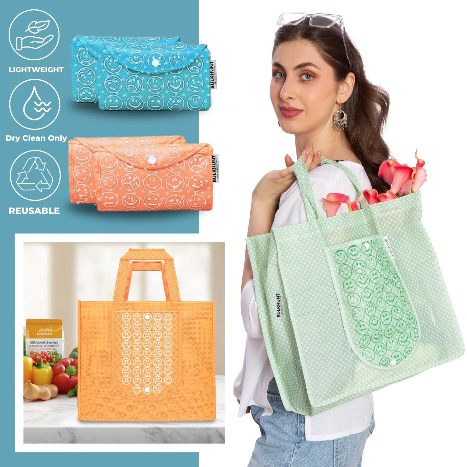 6 PCS Foldable Shopping Bags Combo Reusable Printed With Handle Grocery