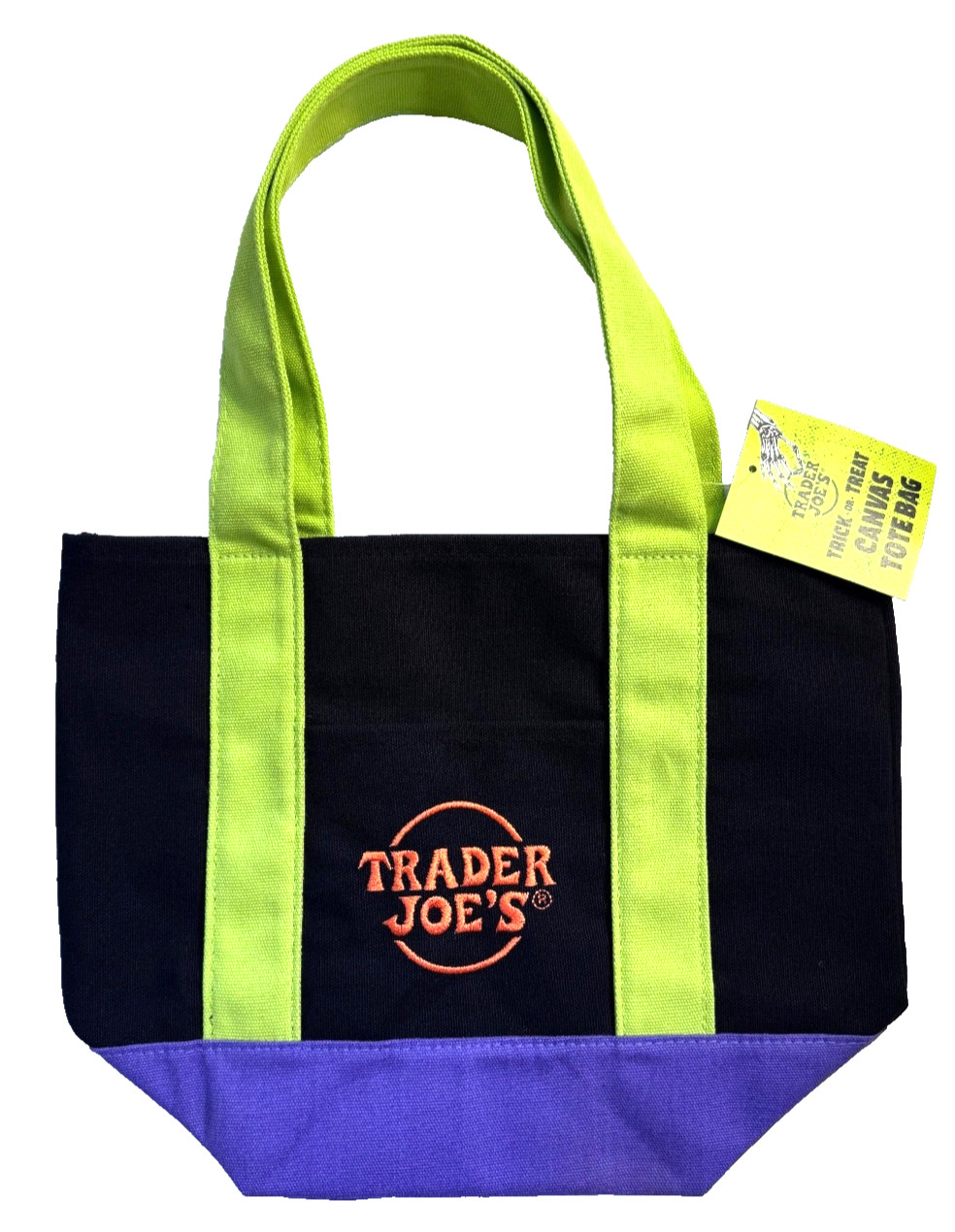 Trader Joe’s Trick or Treat Canvas Tote Bag SKU# 81415 Orange Green Purple Black