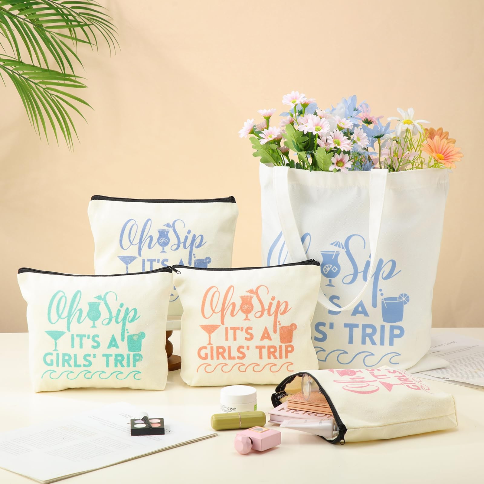 Clysee 8 Pcs Girls Trip Gift Bags Two Sizes, White, Blue, Pink, Green, Orange