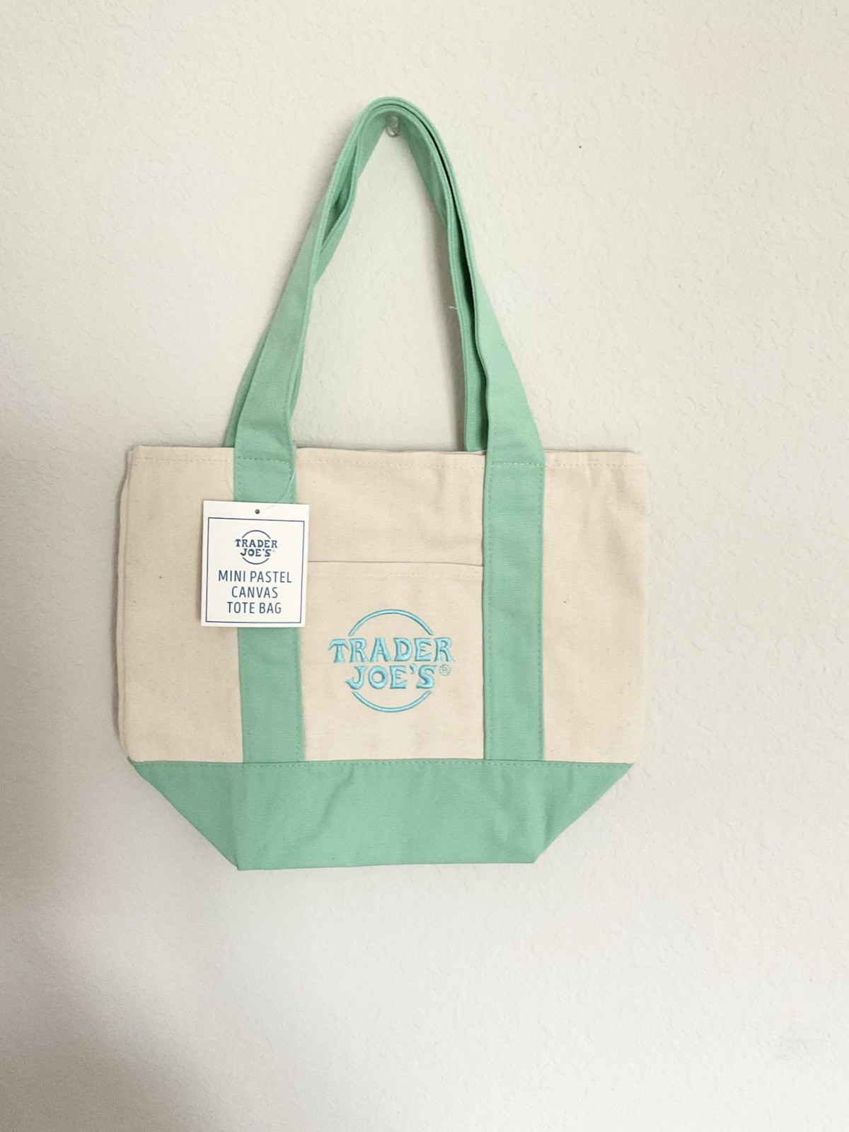 Trader Joe’s Canvas Mini Tote Bag Beige With Light Pastel Green Straps