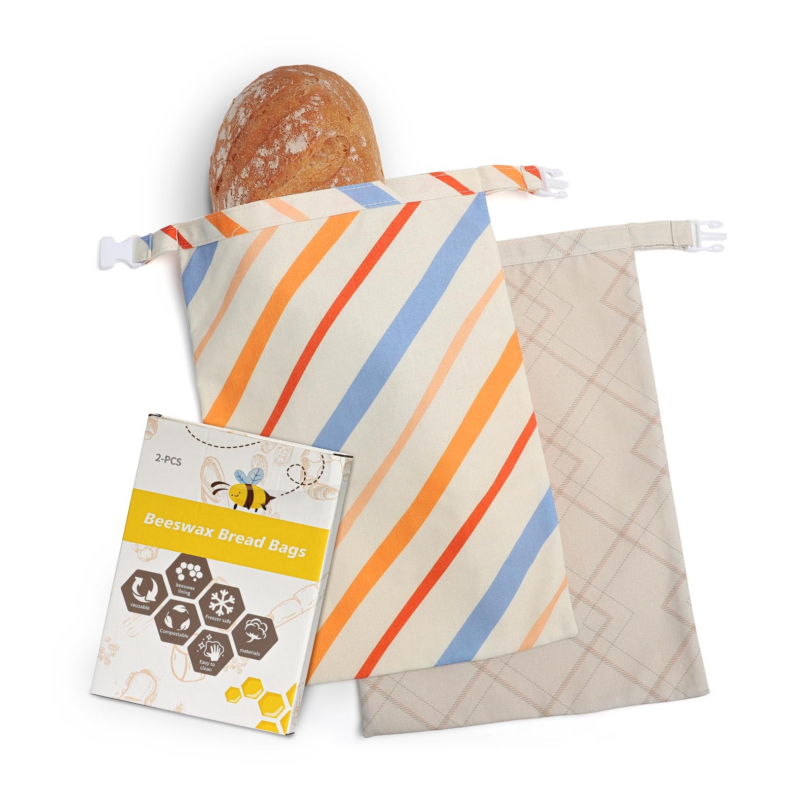 Reusable Bread Bags for Sourdough – Beeswax 17×13 inches, Striped Beige