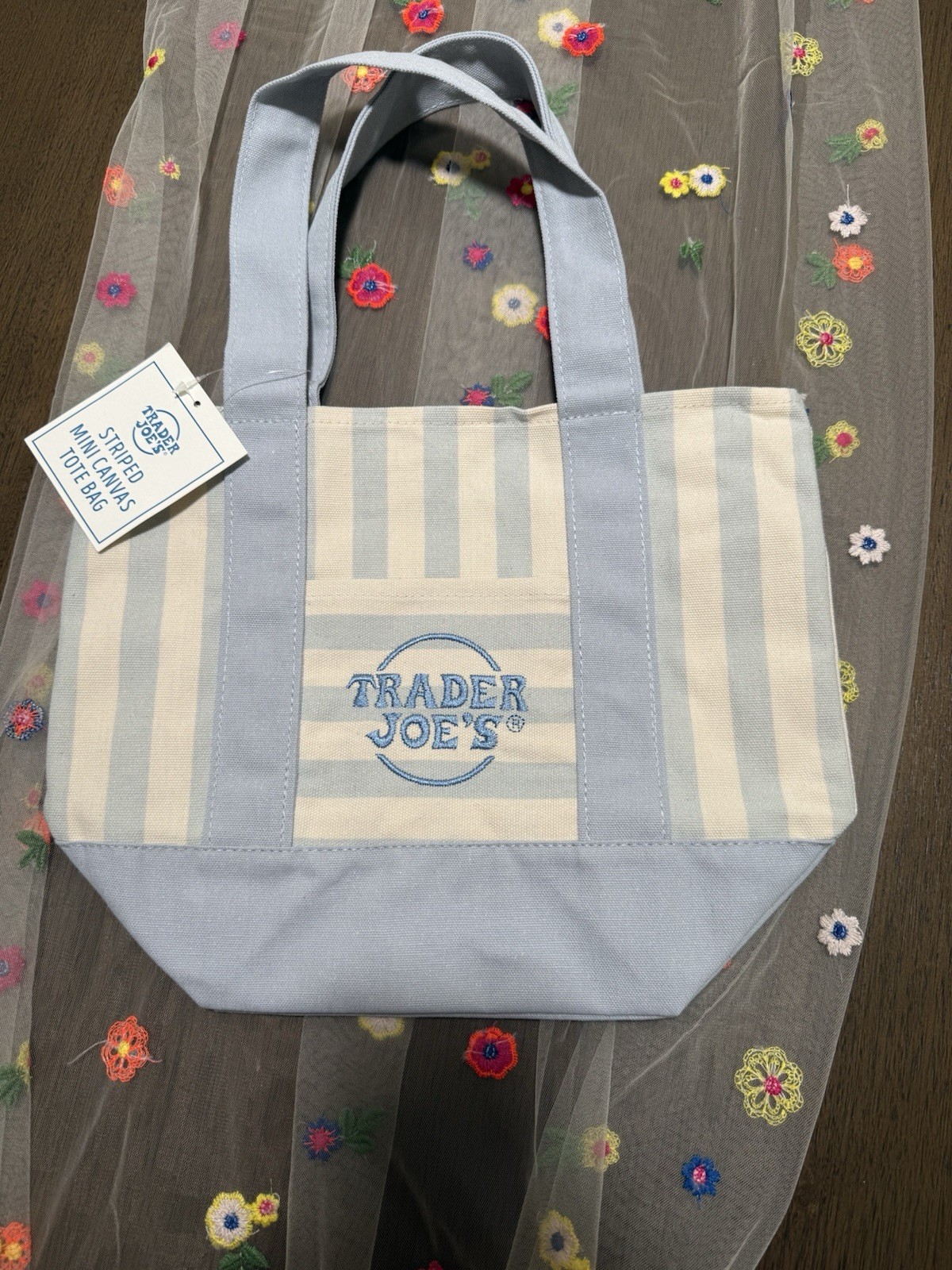 Trader Joe’s Viral Mini Canvas Tote Bag Blue White Striped 13x6x12 in New