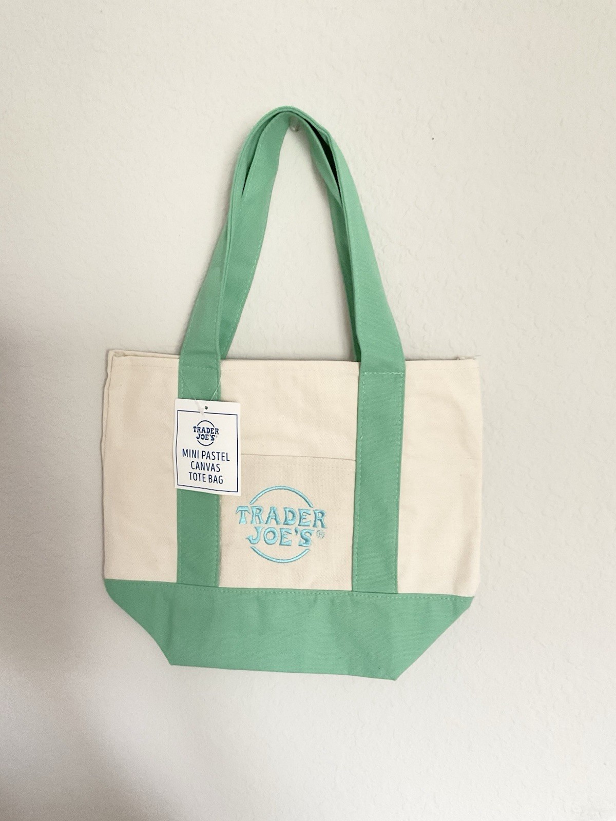 Trader Joe’s Canvas Foldable Mini Tote Bag Beige With Pastel Green Handles