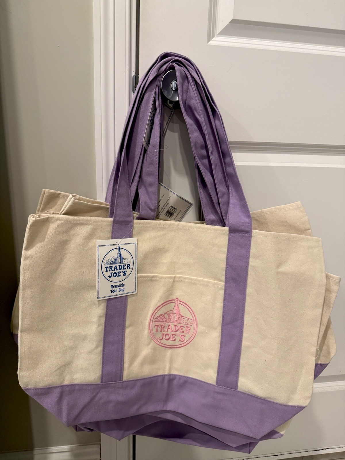 Trader Joe’s Reusable Canvas Shopping Tote Bag Beige Purple Solid Plain Grocery
