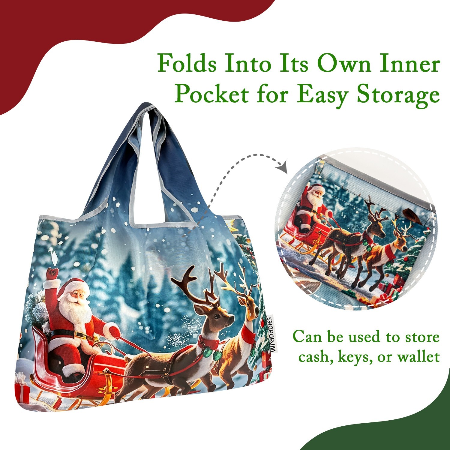Wrapables Large Foldable Christmas Holiday Nylon Reusable Grocery Bag