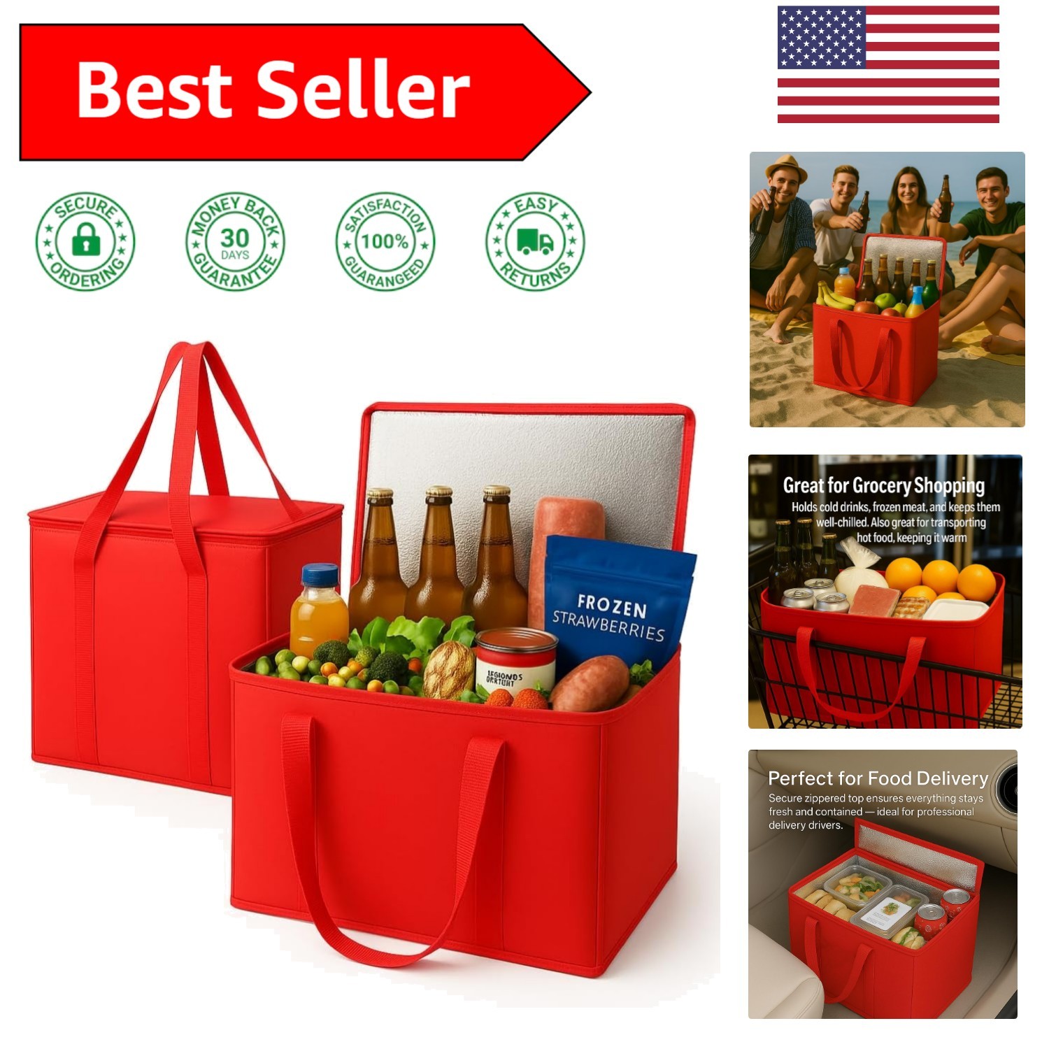Collapsible XL Insulated Grocery Bags – 2-Pack in Red, Perfect for Heavy Loads