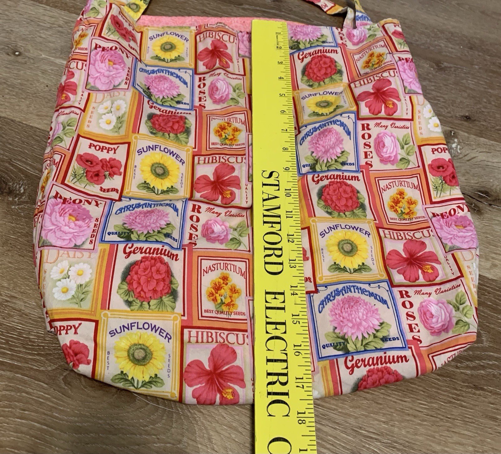 Gardening Seeds Packets Spring Shopping Tote Gift Bag Floral Flowers Pink Fabric