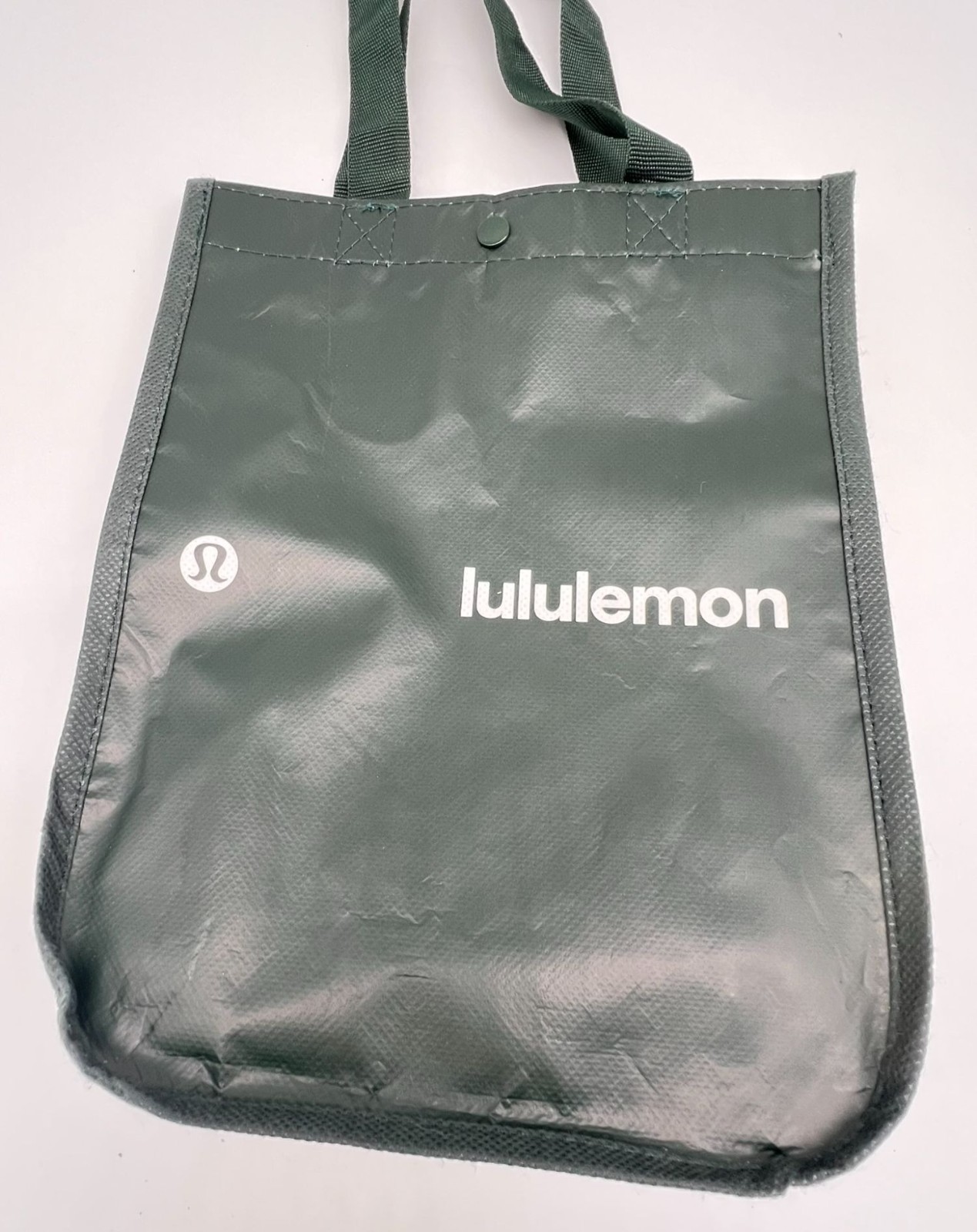 Lululemon Reusable Shopping Tote Bag Green Double Top Handles Snap Lunch Bag