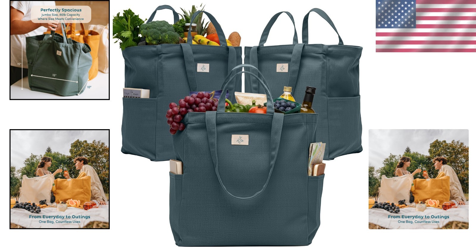 Stylish 3-Pack Reusable Grocery Totes – Foldable, 12 Oz Cotton with Compartments