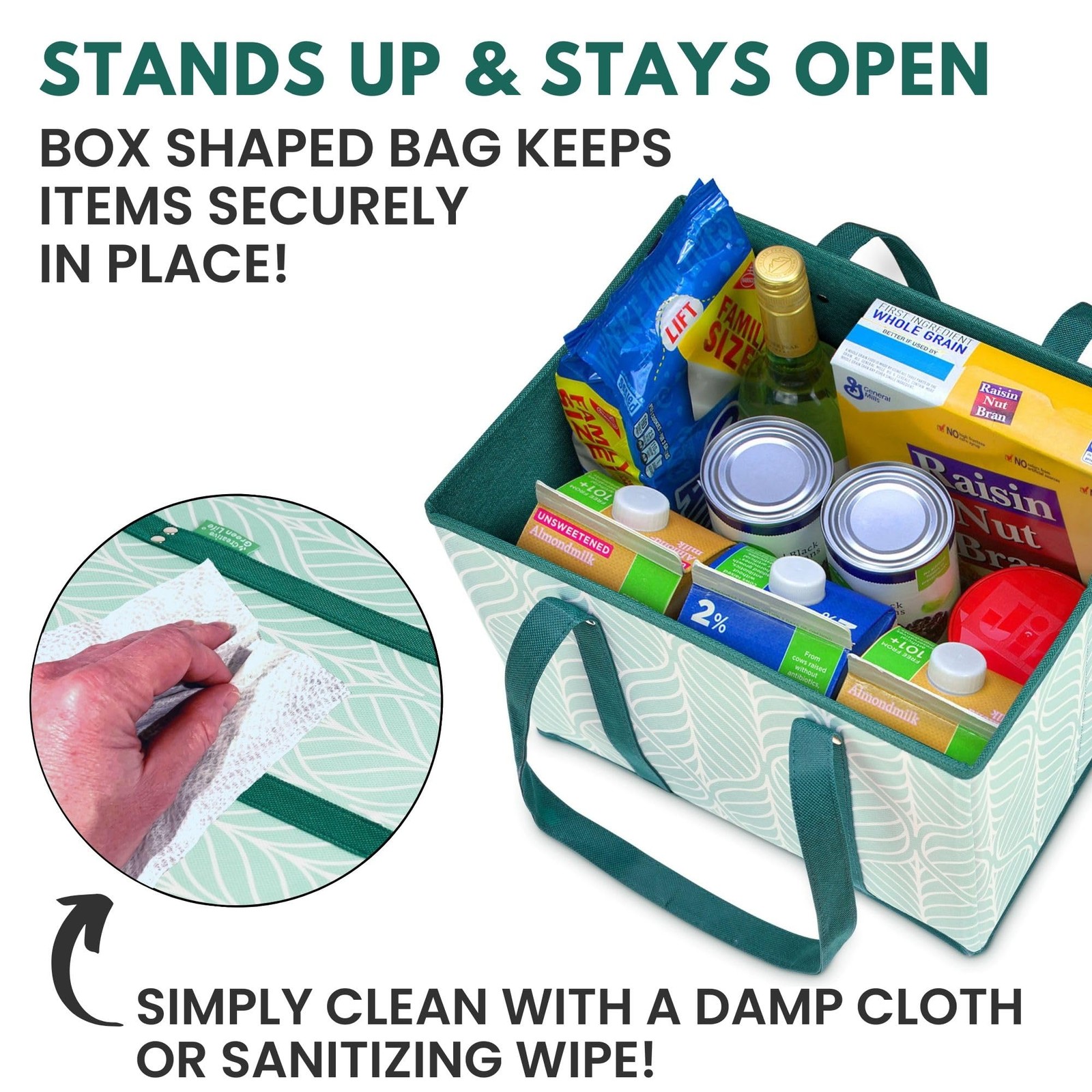 3 PCS Green Heavy Duty Reusable Grocery Shopping Bags Box Shape Hard Bottom