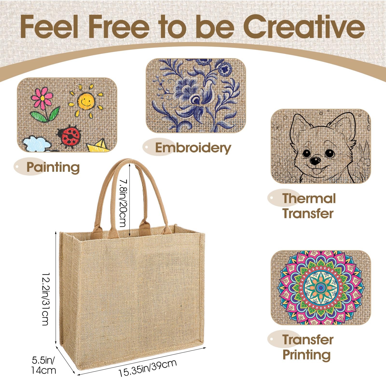 8 Pack Reusable Jute Tote Bags with Handles 15.3 x 12.2 x 5.5 Inch Large Natu…