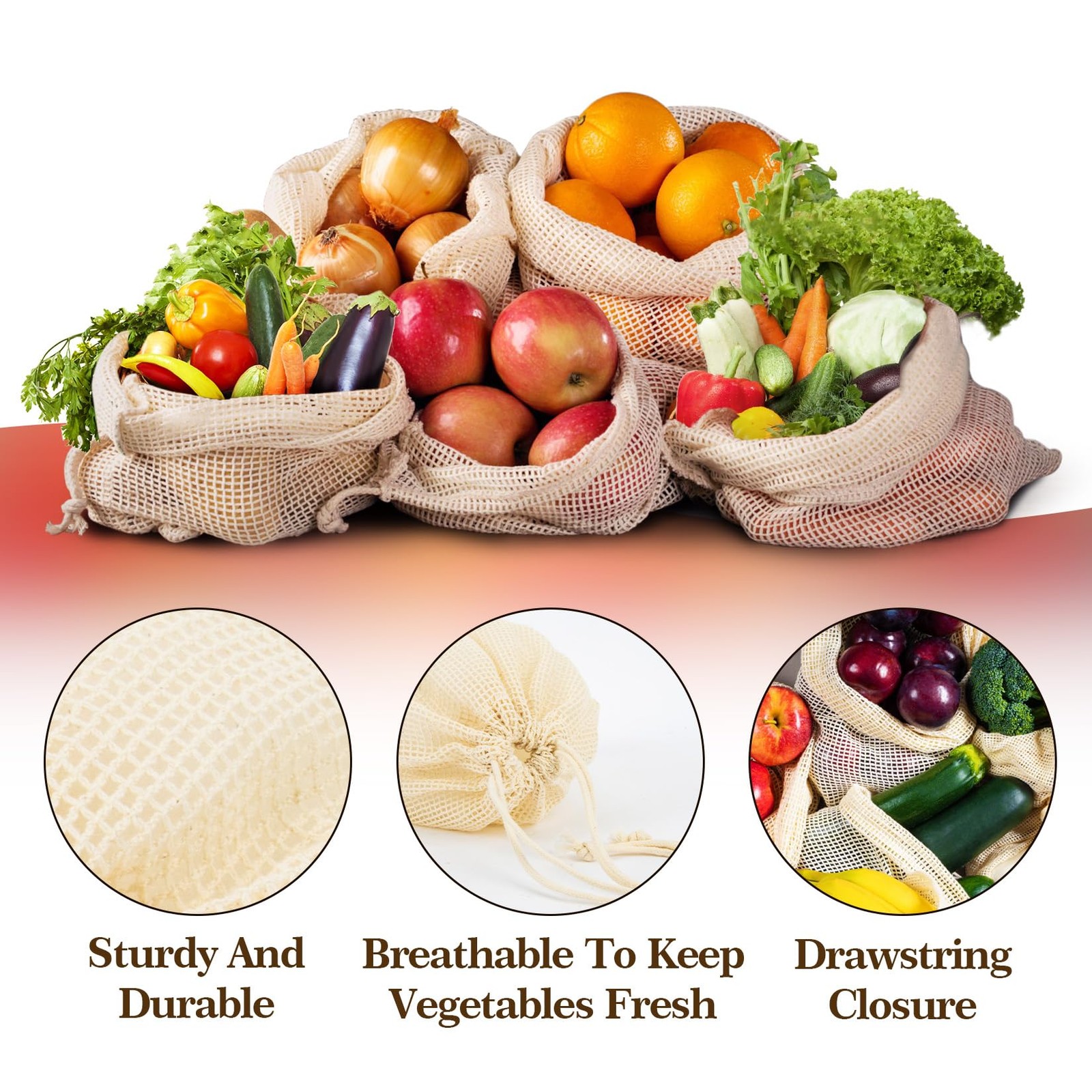 Reusable Mesh Grocery Bags, 6 Pack Cotton Produce Bags, Drawstring, Beige