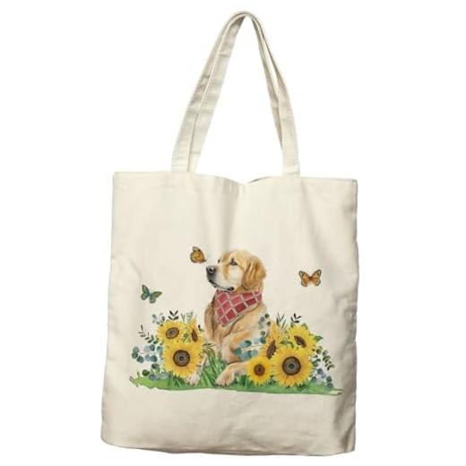 Dog Sunflowers Canvas Tote Bag For Women Aesthetic Golden Retriever Shopping