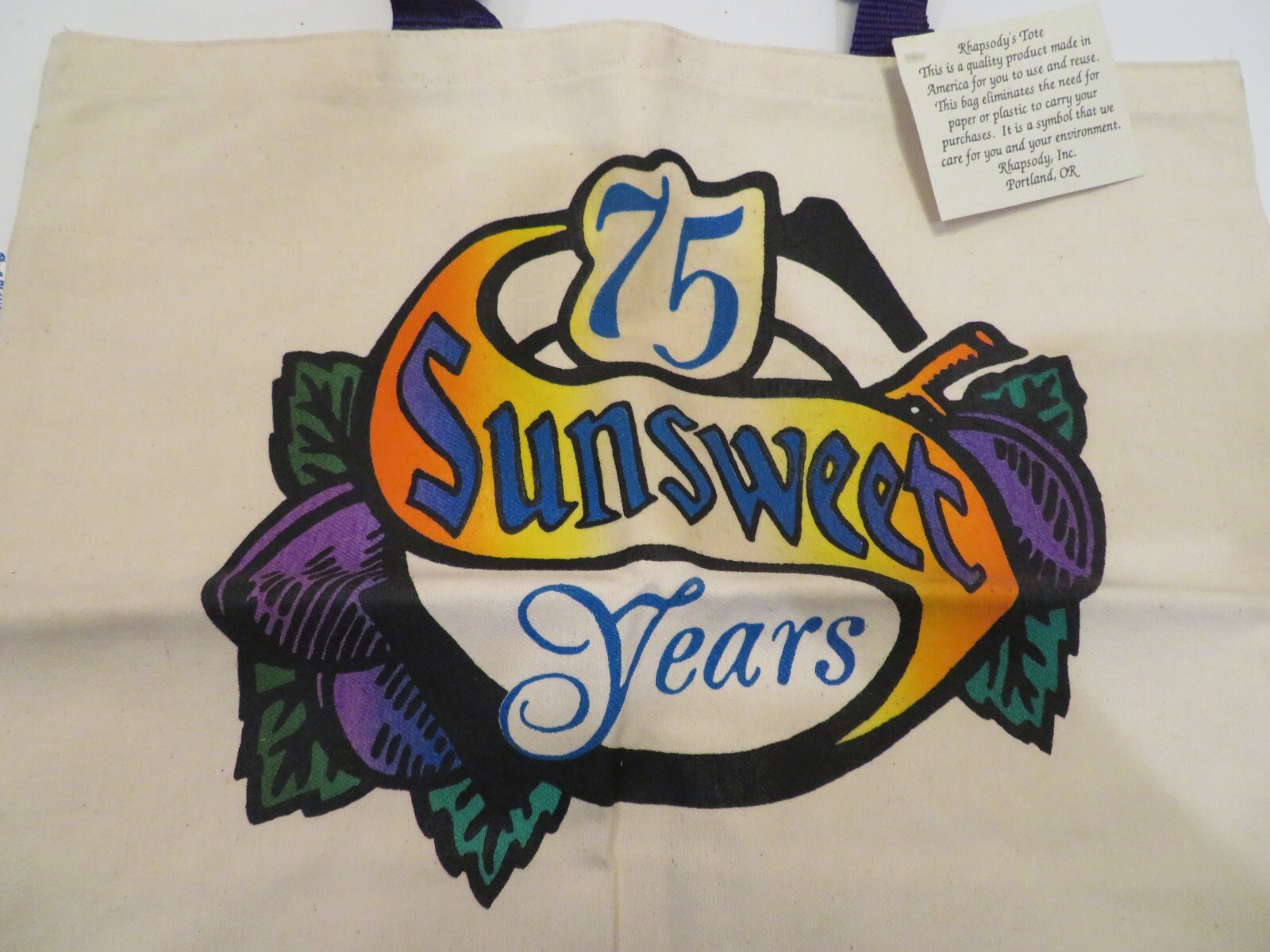 Rhapsody Inc. 75 Sunsweet Years Cotton Canvas Reusable Tote Portland Oregon USA
