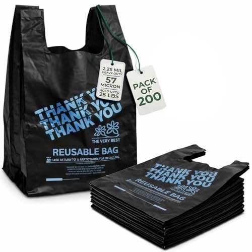 Heavy Duty Reusable Grocery Bags 12″x7″x22″ – 200 Count T-Shirt Bags, 25 lbs Cap