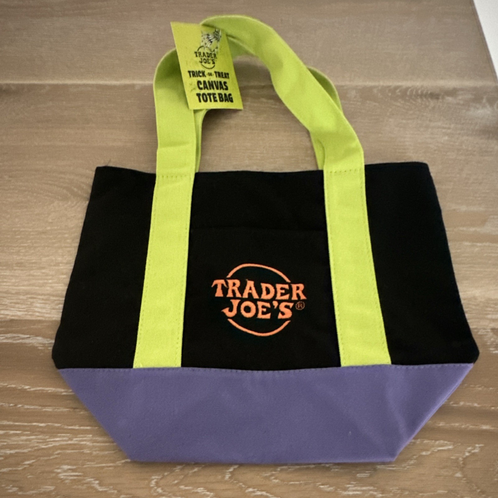 Trader Joe’s Foldable Canvas Tote Bag Black Purple Neon Green Color Block