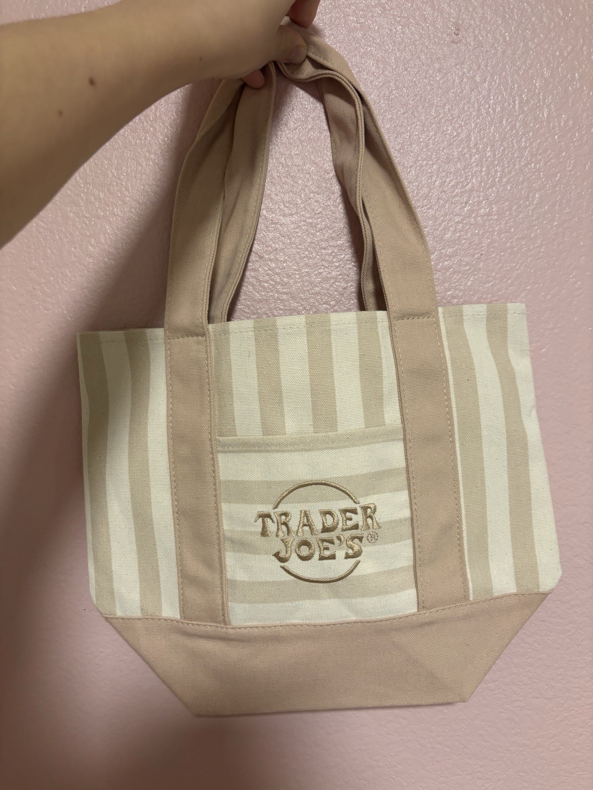 Trader Joe’s Mini Reusable Tote Bag Beige/Tan Striped Cotton/Polyester