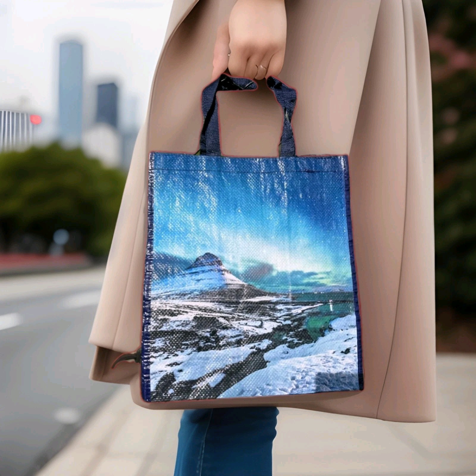 Reusable Plastic Shopping Bag Scenic Mountain Print Blue Multicolor Medium Tote