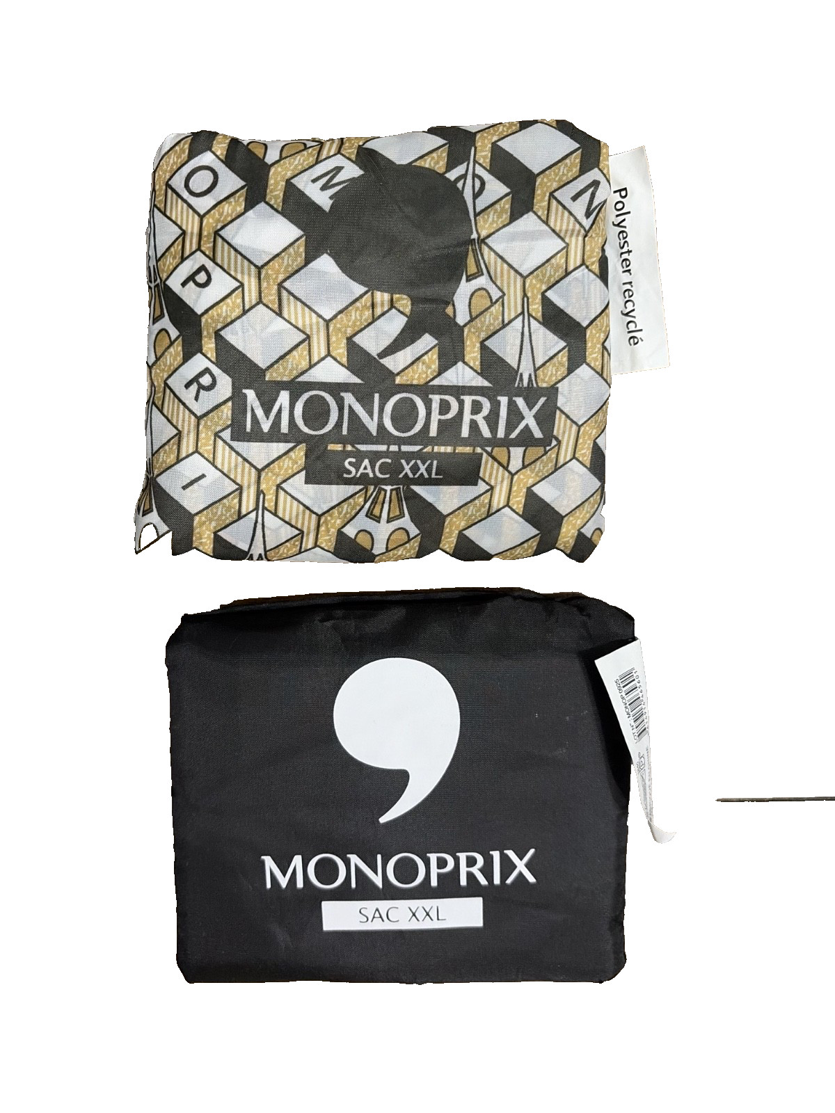 TWO XXL Monoprix reusable Shopping bags, Black,& Eiffel Tower Scrabble, Fr Paris