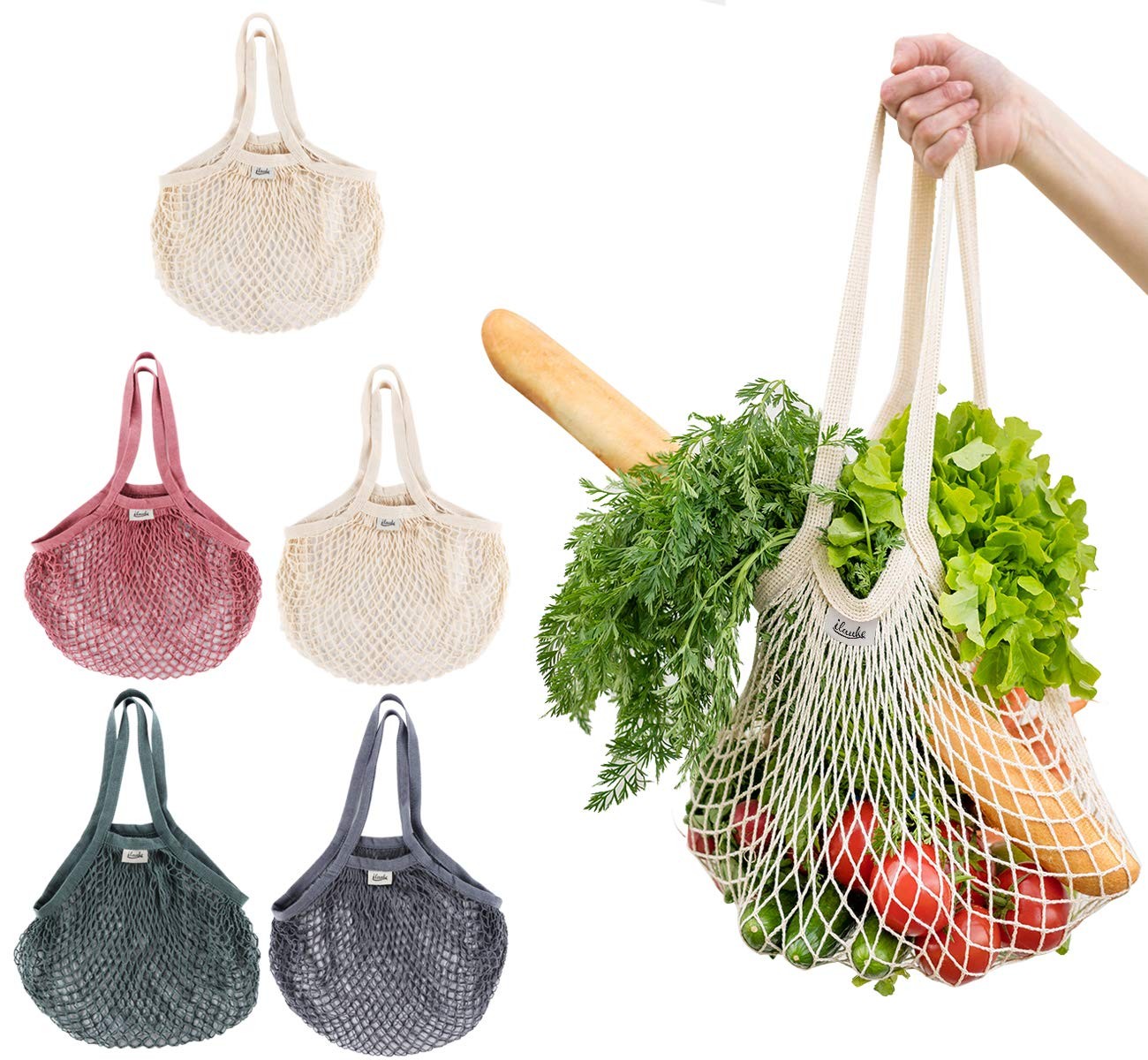 Mesh Grocery Bags, 5 Pack Reusable Washable Cotton String Shopping Bag, Cotto…