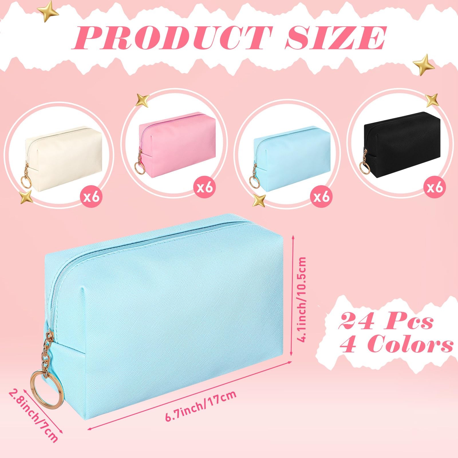 24 Pcs Preppy Makeup Bag PU Leather Cosmetic Bag Bulk Makeup Plain Pouch Waterpr