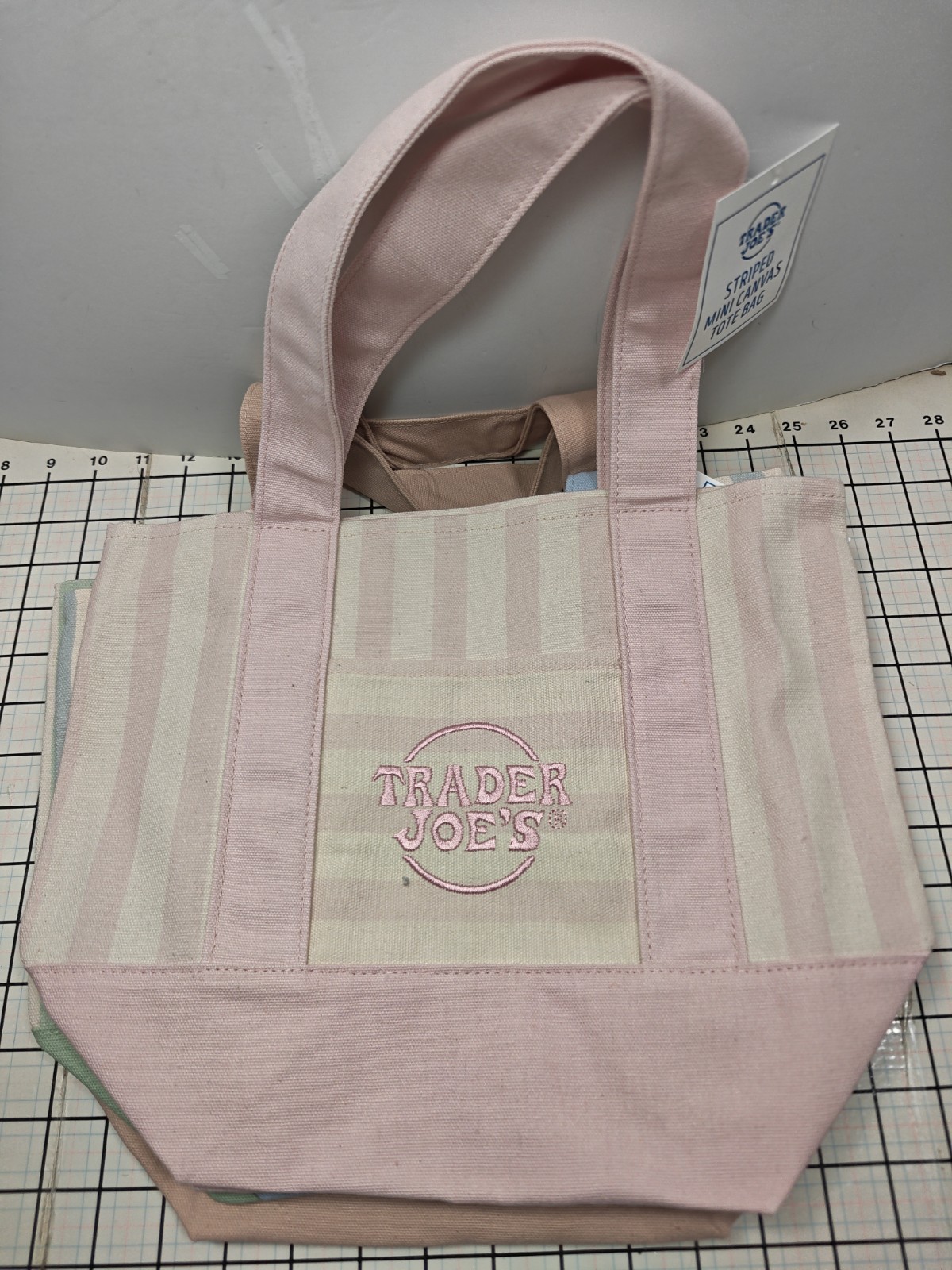 TRADER JOE’S Pastel Striped Mini Canvas Tote Bag 4 Colors Pink Blue Green Beige
