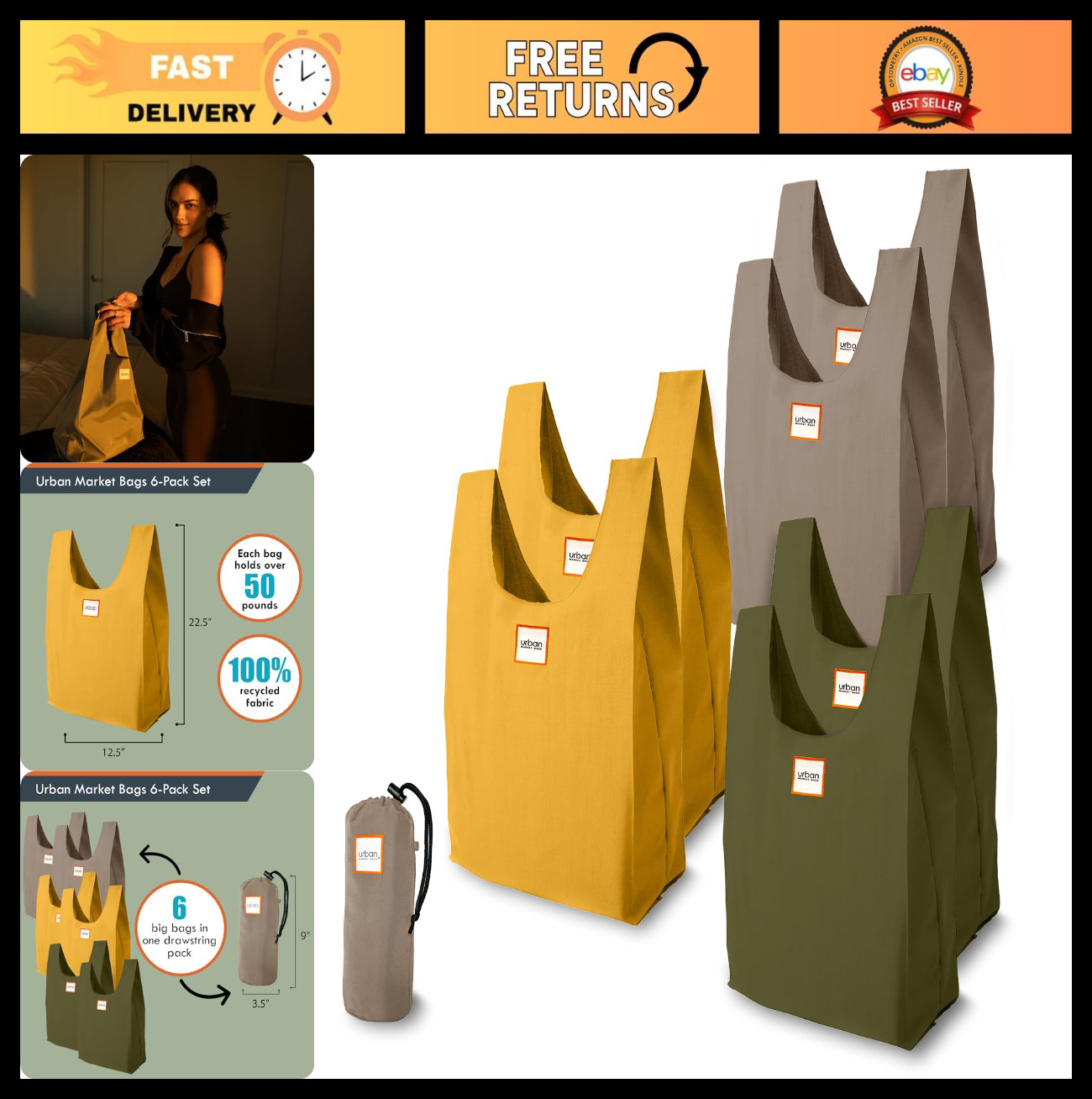 6 Foldable Reusable Shopping Bags in Compact Pouch, Eco-Friendly, Holds 50+ lbs,