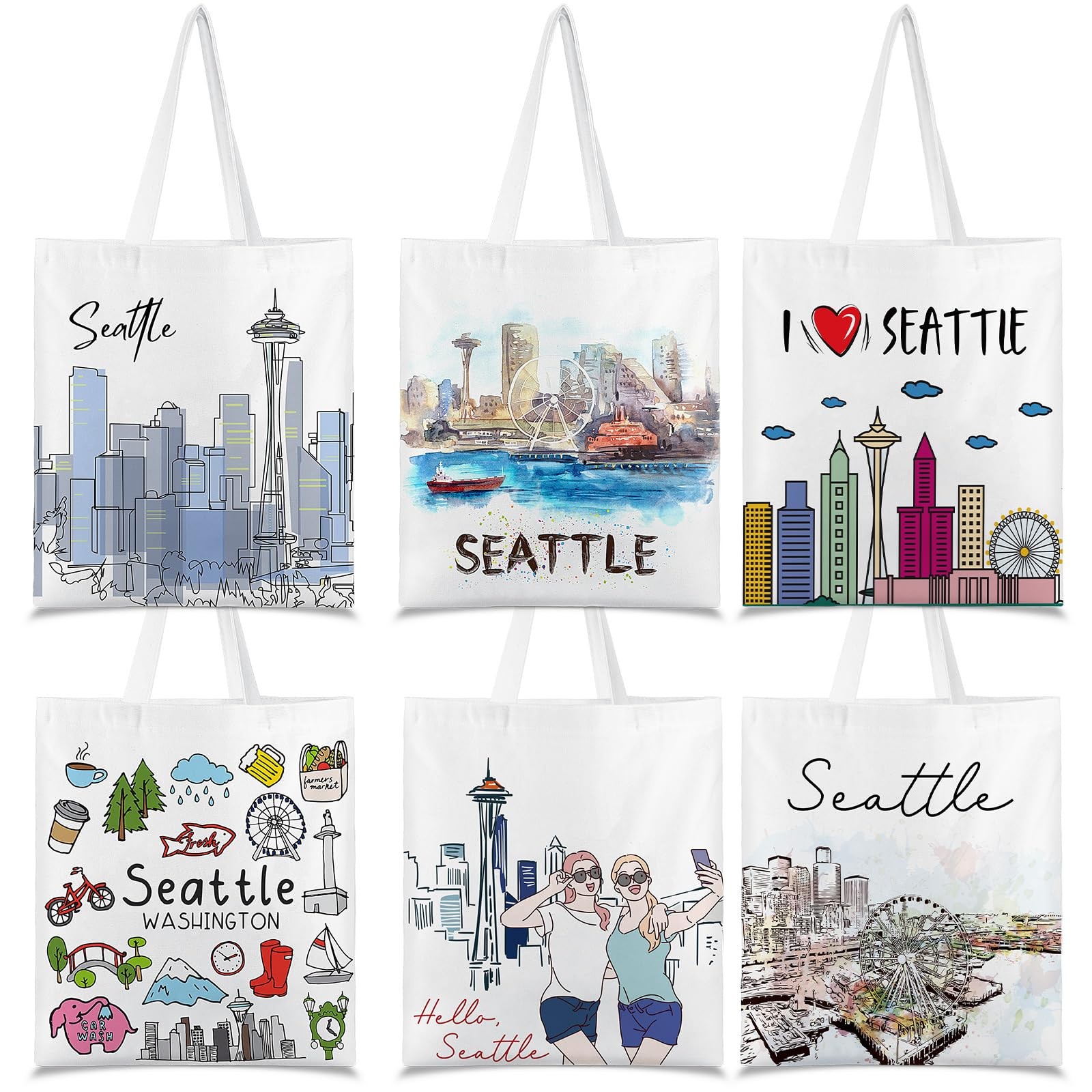 Paterr 6 Pcs Seattle Souvenir Gifts Tote Bags Canvas City Themed Grocery Shop…