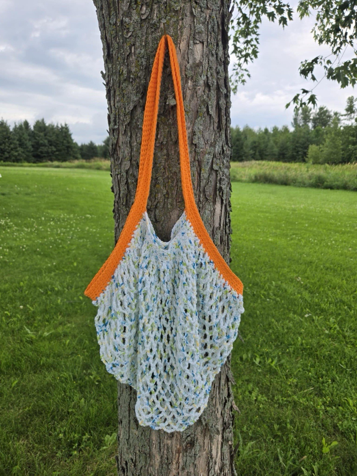 Crocheted Cotton Market Bag Orange, Blue, White, & Green