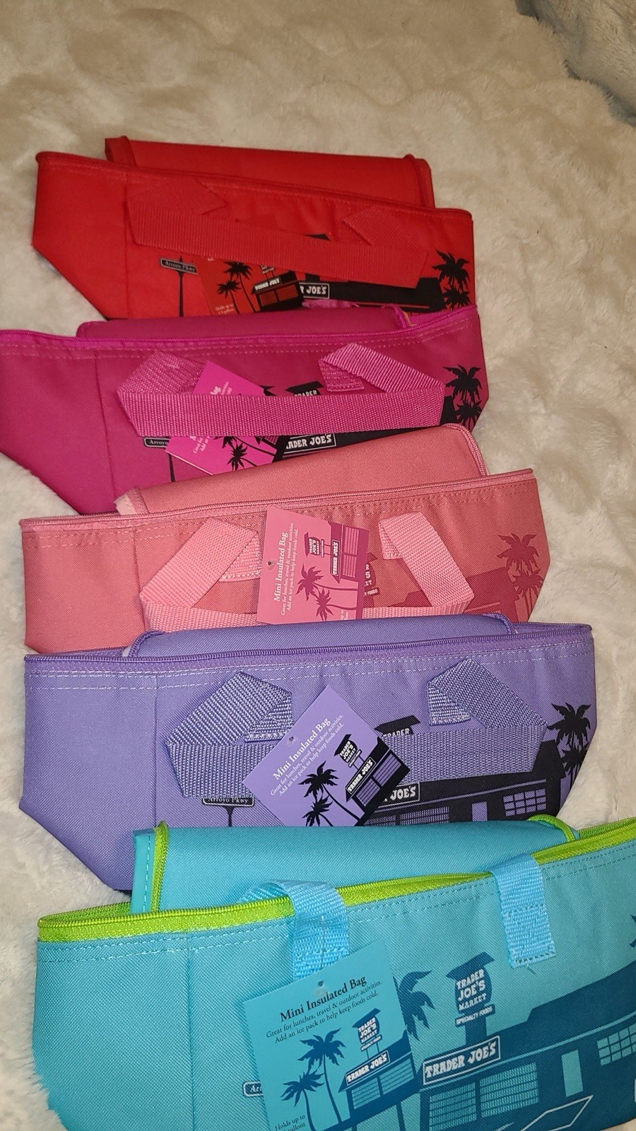 Trader Joe’s Mini Insulated Bag Set Peach Purple Red Pink Blue Lot Of 5