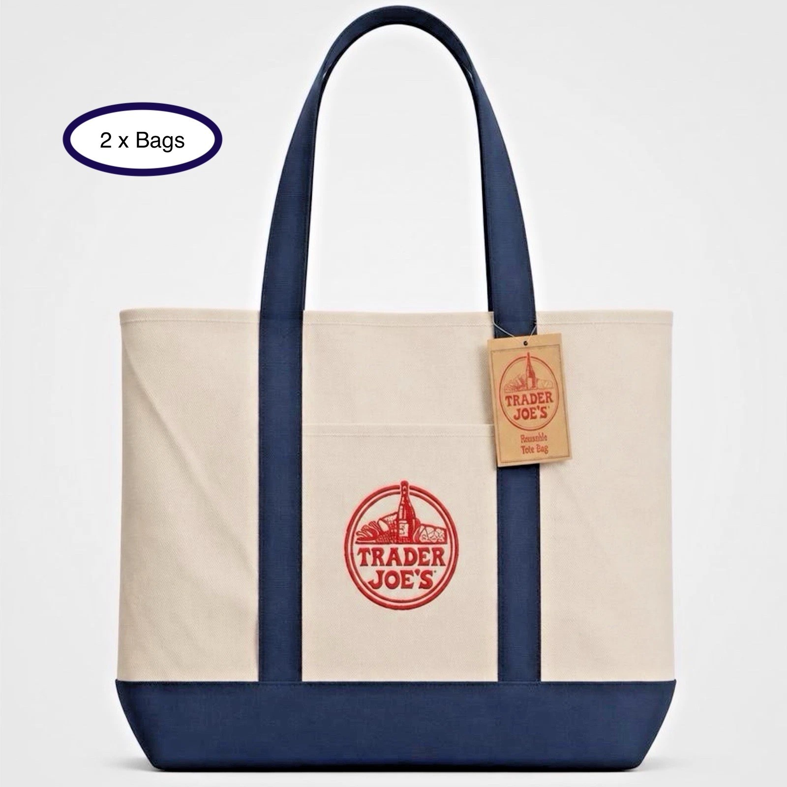 2 X Trader Joe’s Large Canvas Tote Bag – Heavy Duty-Cotton-Navy Blue – Original