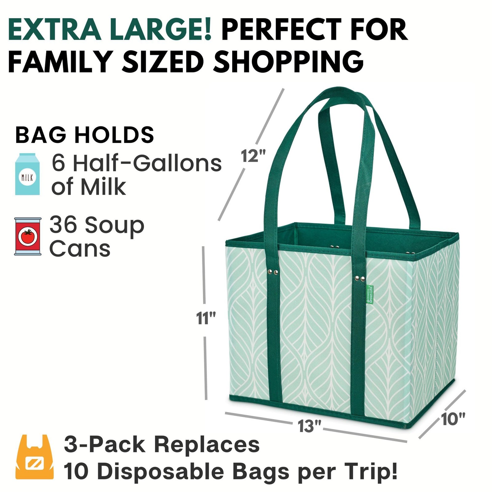 3 PCS Green Heavy Duty Reusable Grocery Shopping Bags Box Shape Hard Bottom
