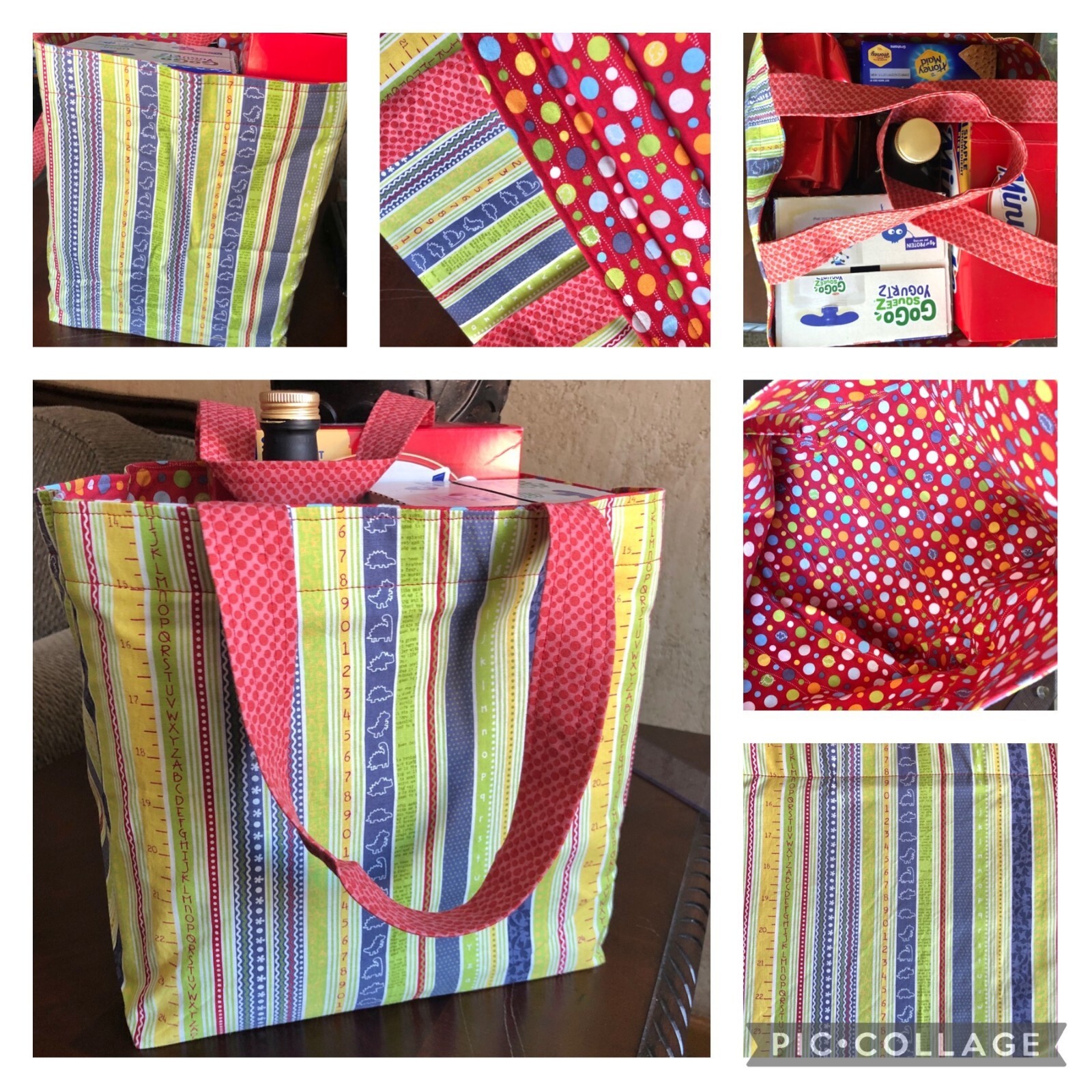 Dino stripes and dots Go-Green Reusable grocery tote handmade