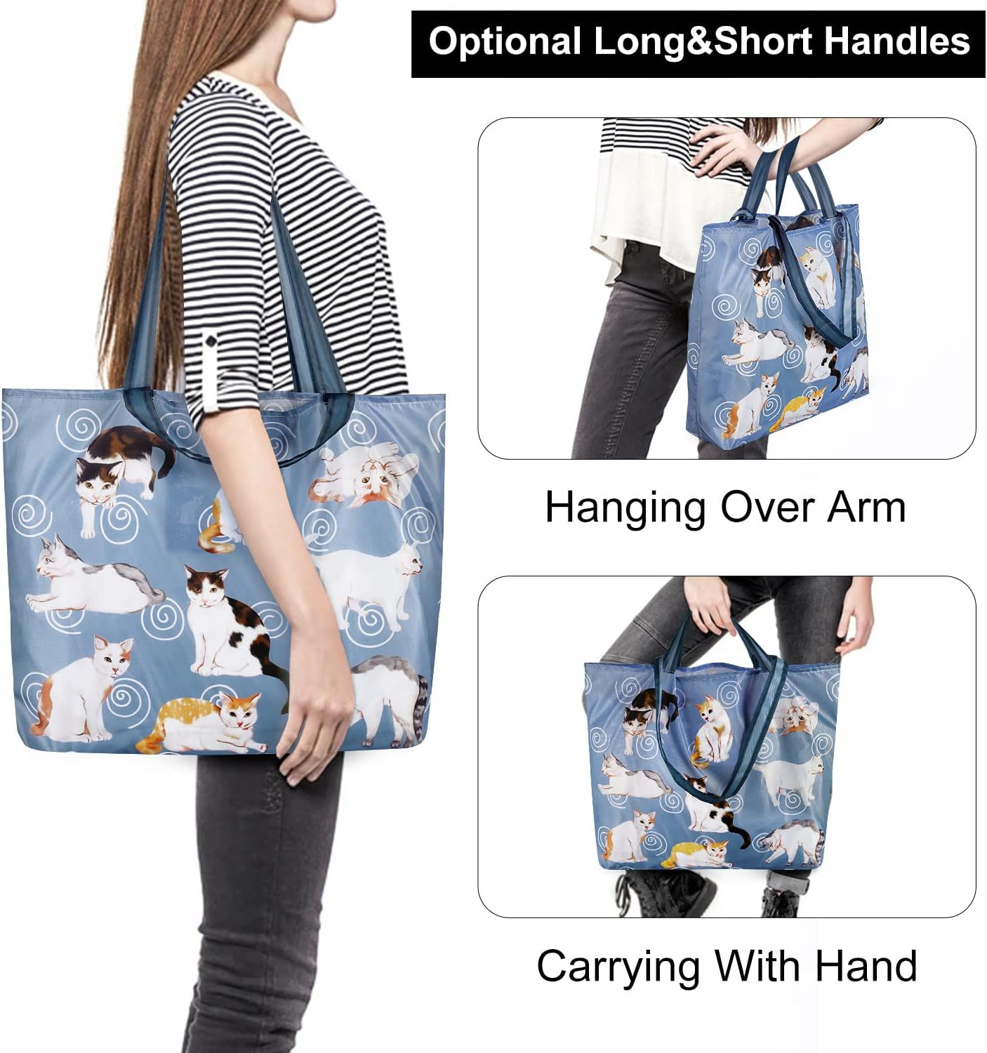 2 Pack Reusable Grocery Bags Polyester Cute Cat Shopping Bag with Handles Foldab