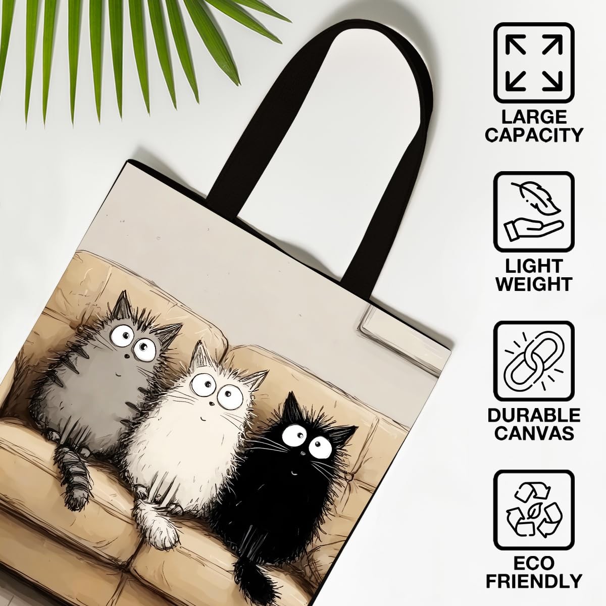 Cat Canvas Tote Bag for Women, Cute Cat Themed Aesthetic Reusable Grocery Sho…