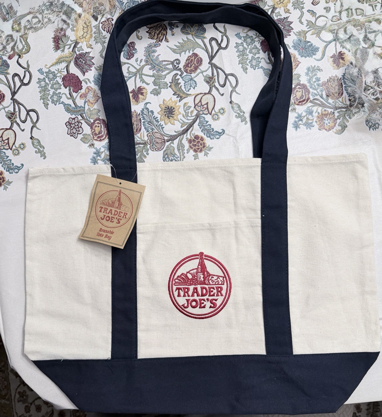 Trader Joe’s Reusable Canvas Shopping Tote Bag Beige Navy Blue Solid Plain